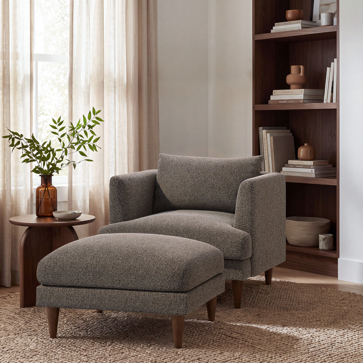 Zoya Down Filled Overstuffed Boucle Ottoman - Earth