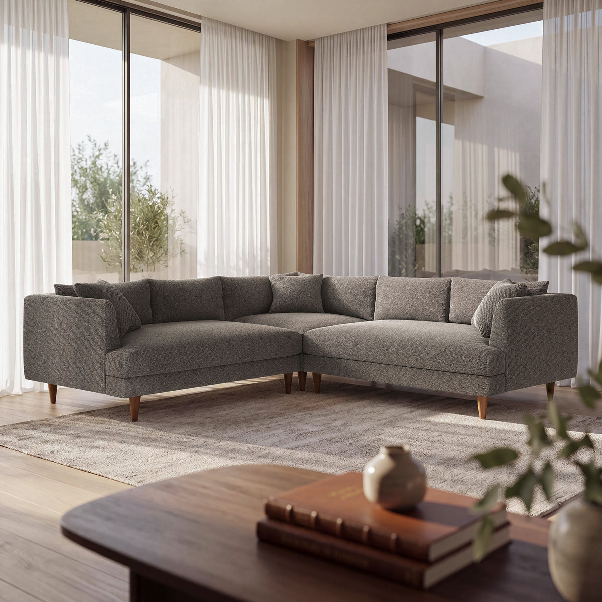 Zoya 3 Piece Down Filled Overstuffed Boucle Sectional Sofa - Earth
