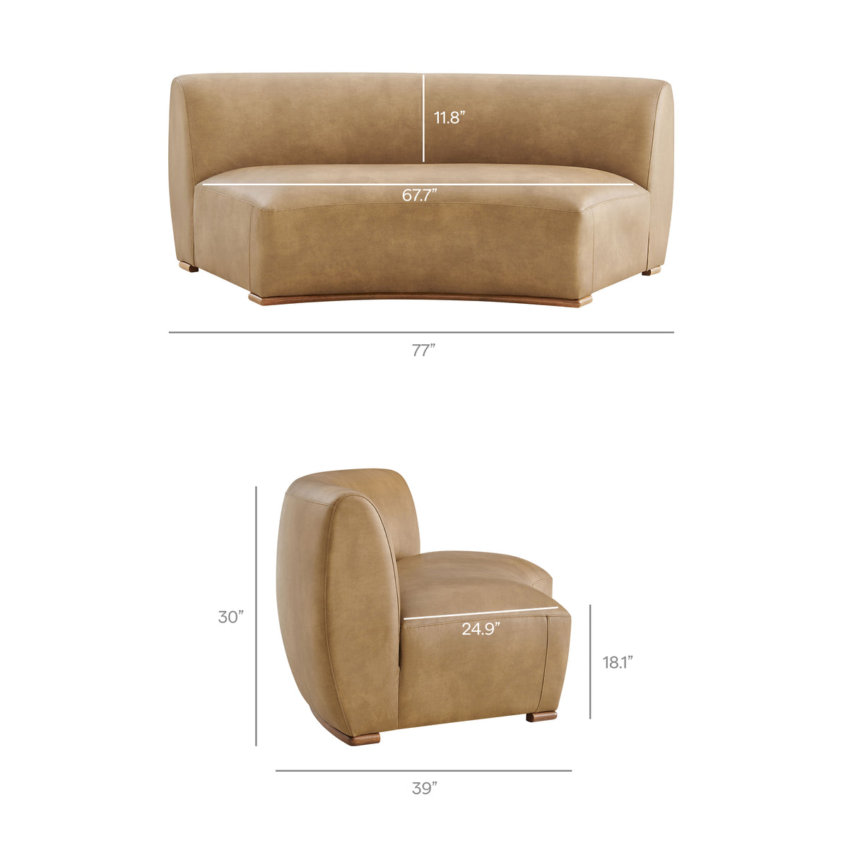 Rialta Curved Armless Vegan Leather Sectional Loveseat - Toast