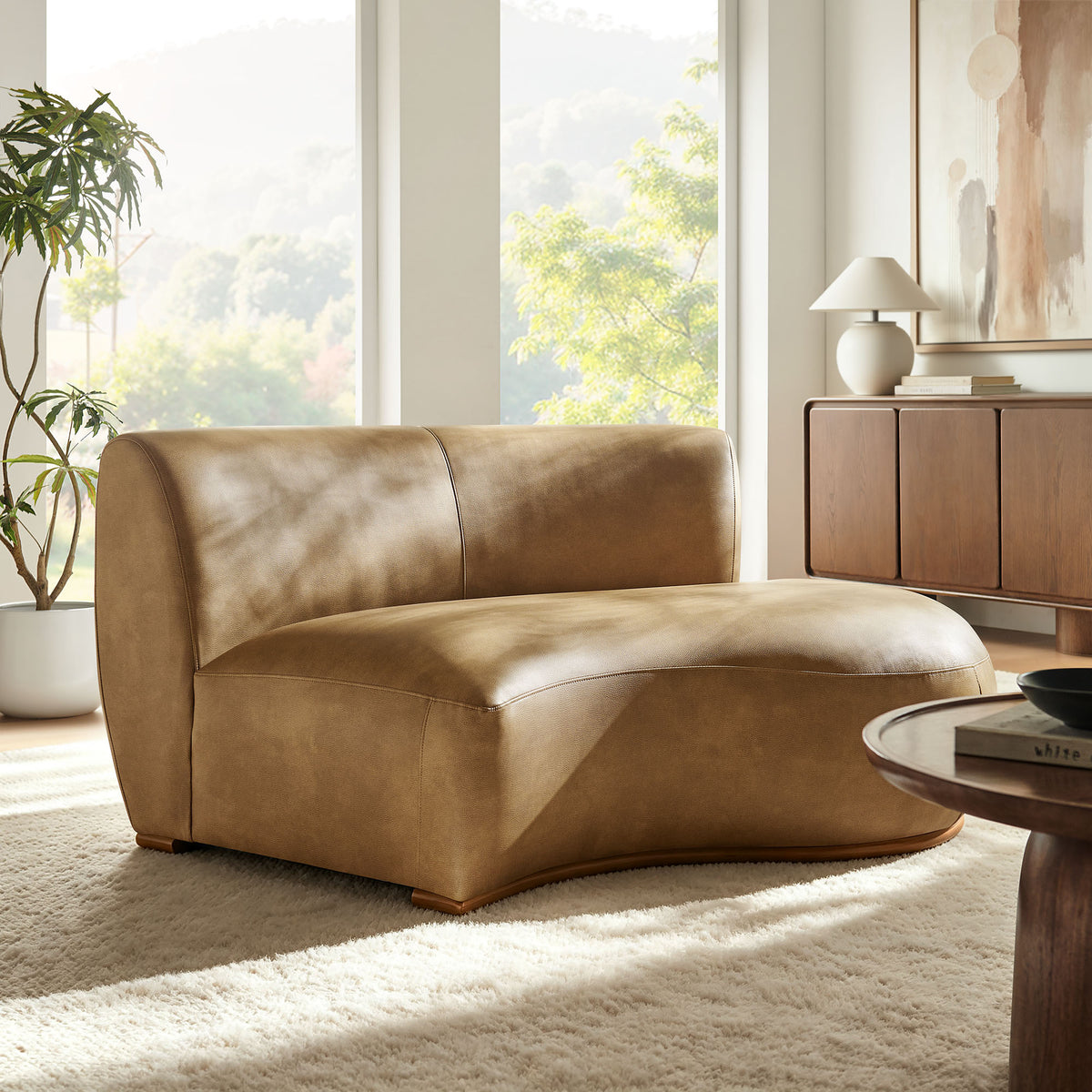 Rialta Curved Right-Arm Vegan Leather Sectional Loveseat - Toast