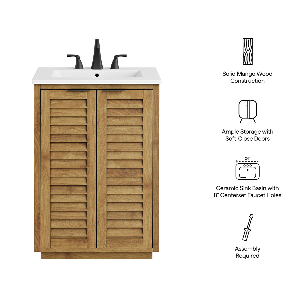 Tavira 24 Inch Shutter-Style Bathroom Vanity - Natural White