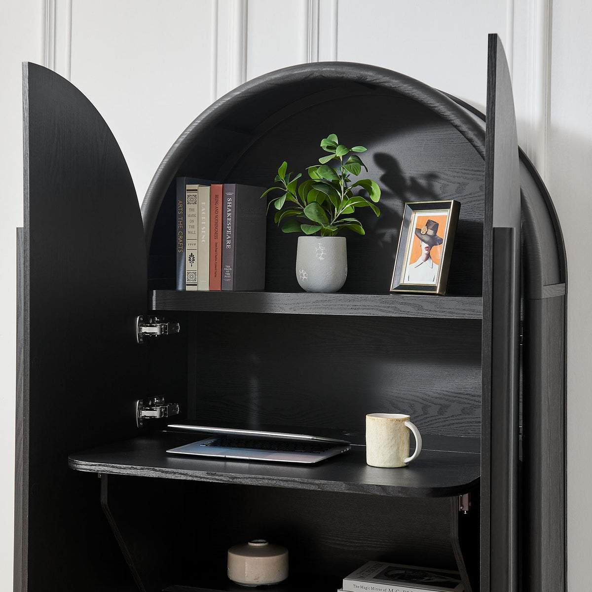 Bellamy Arched Fold-Out Desk Cabinet - Black Oak