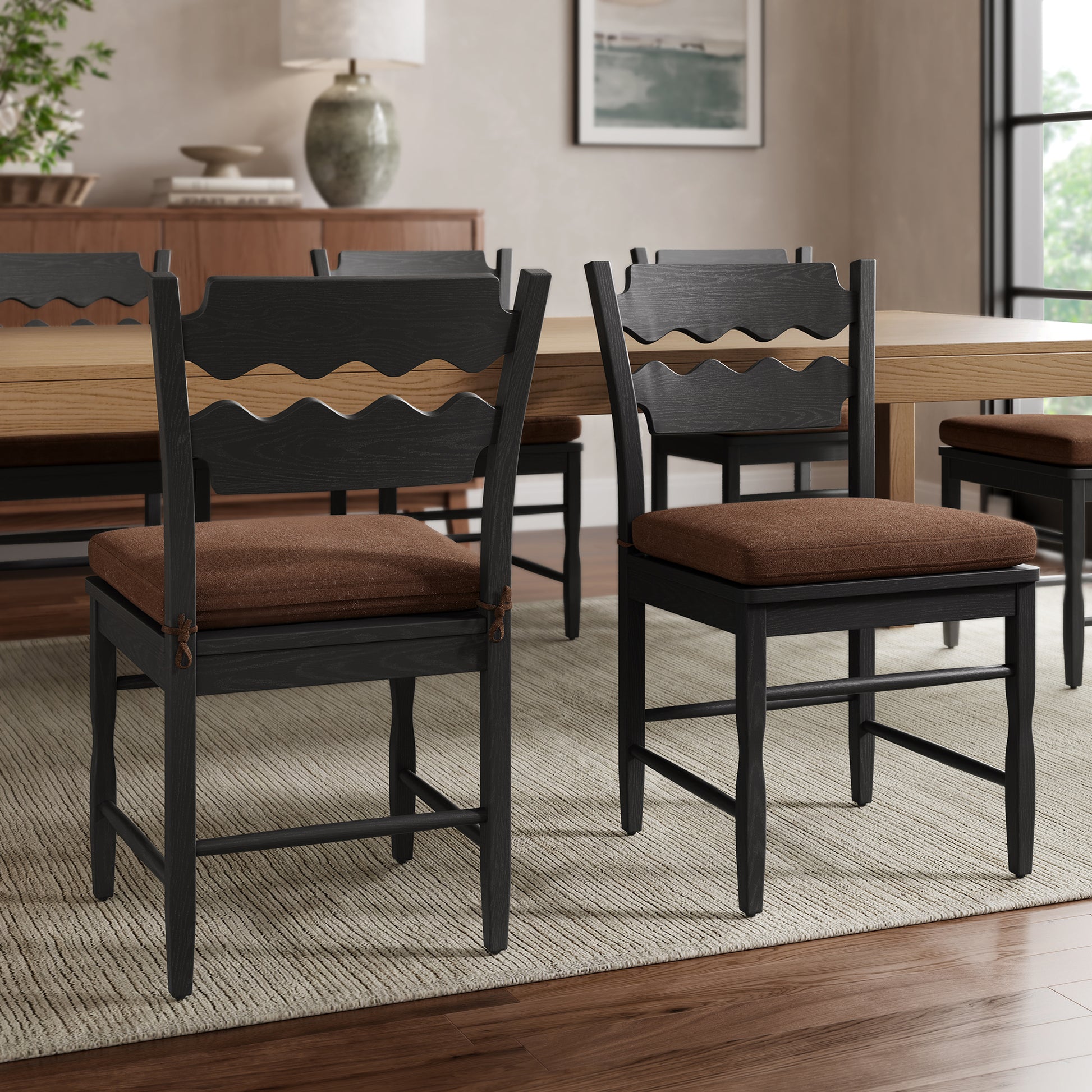 Jax Oak Wood Dining Chair With Wavy Razor Back and Cushion Set of 2 by Modway