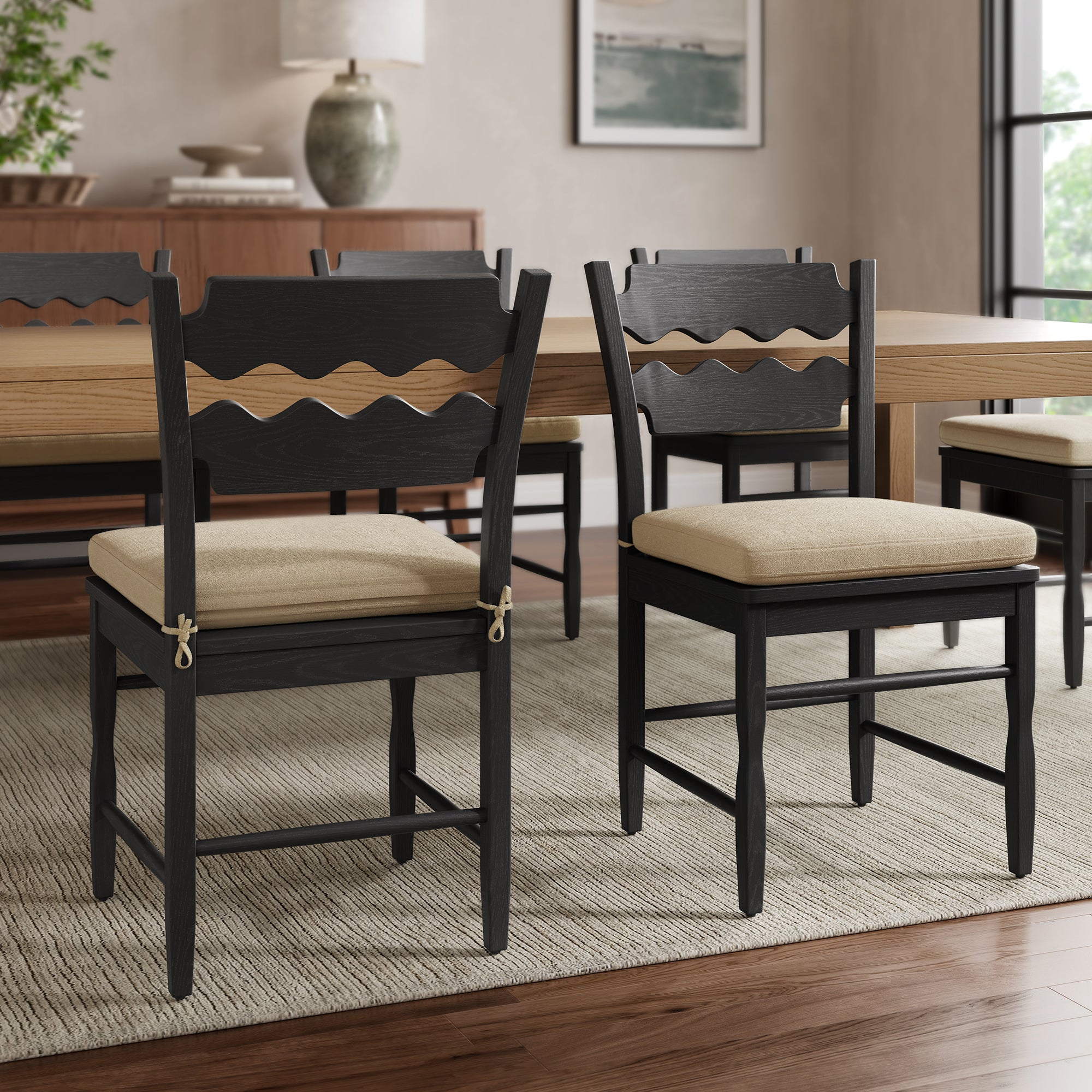 Jax Oak Wood Dining Chair With Wavy Razor Back and Cushion Set of 2 by Modway