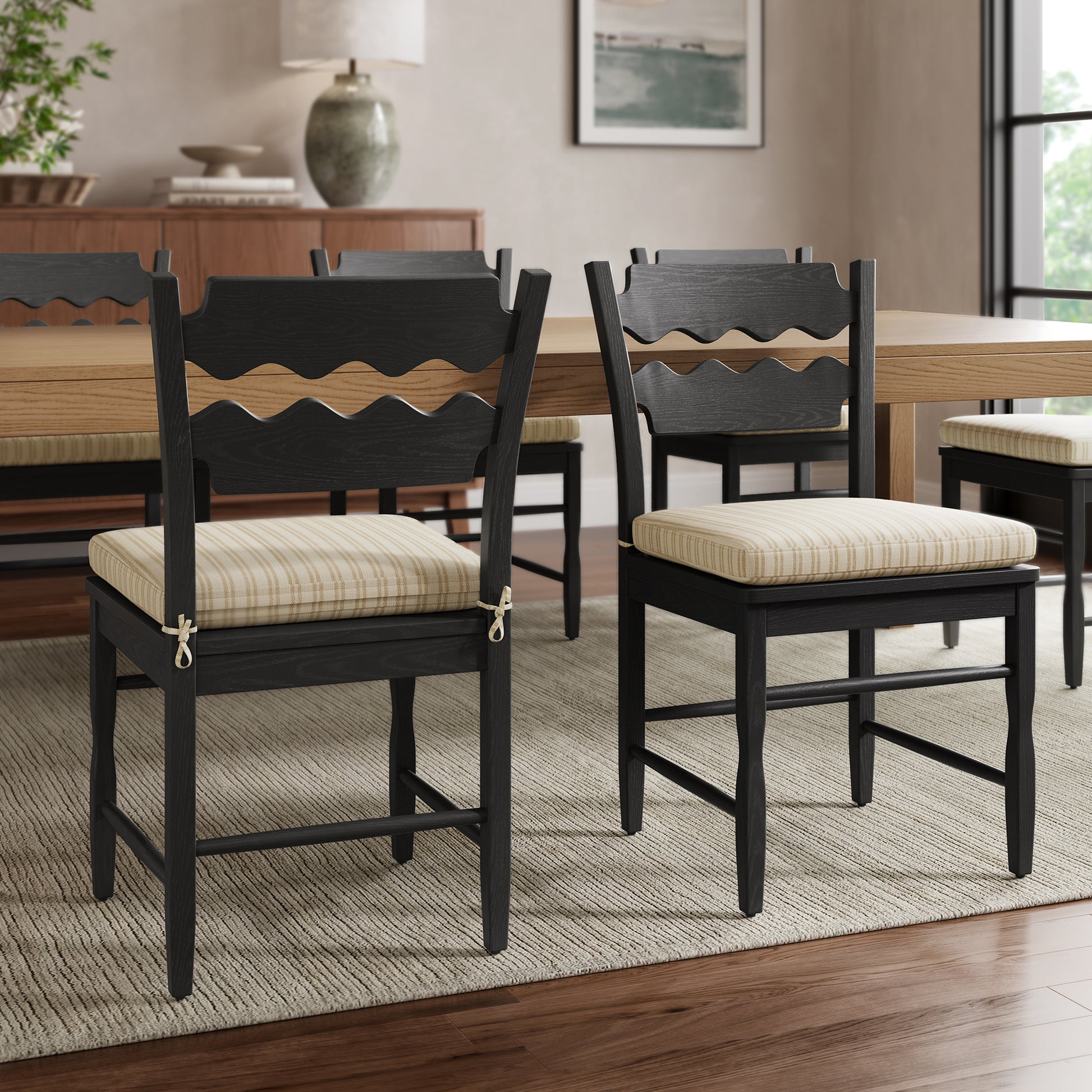Jax Oak Wood Dining Chair With Wavy Razor Back and Cushion Set of 2 by Modway