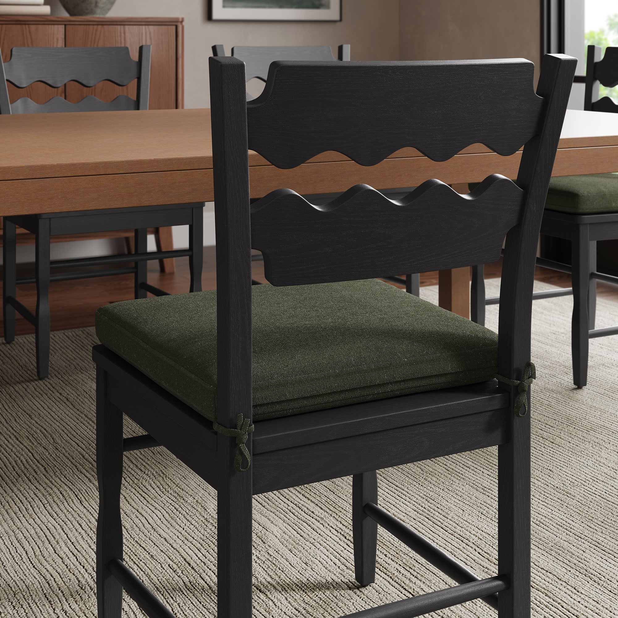 Jax Oak Wood Dining Chair With Wavy Razor Back and Cushion Set of 2 by Modway