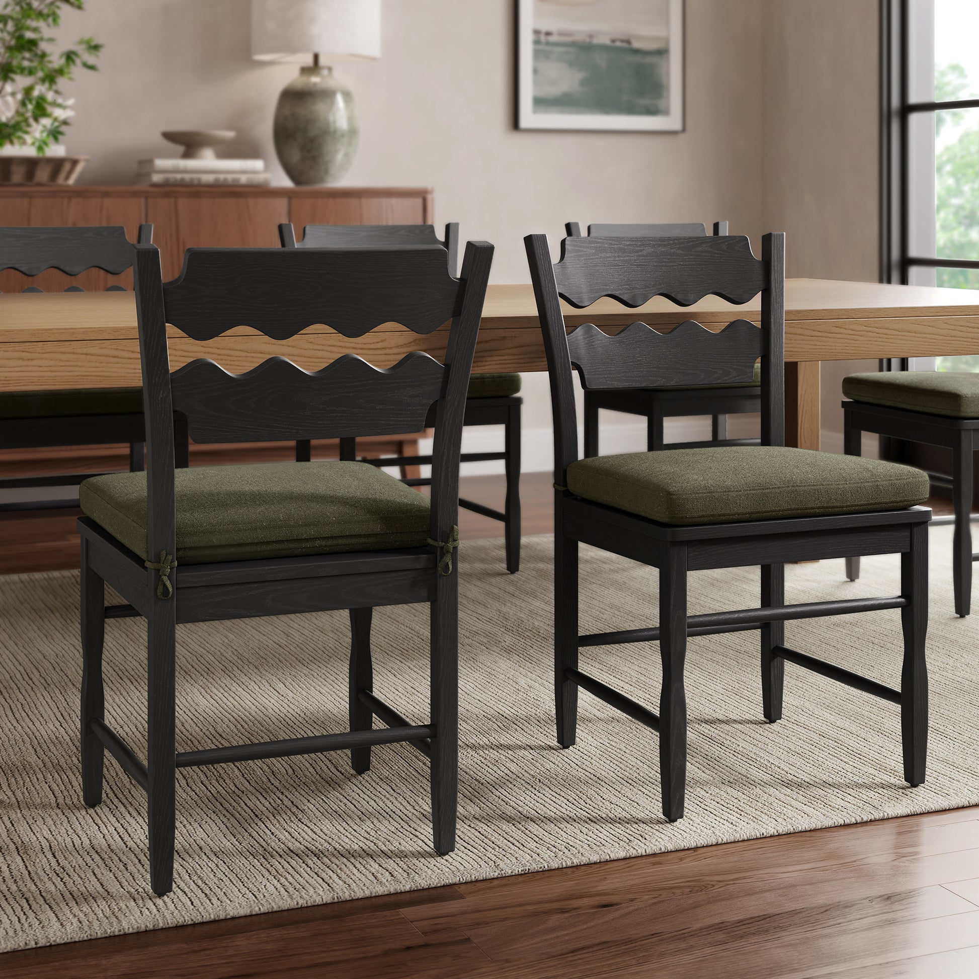 Jax Oak Wood Dining Chair With Wavy Razor Back and Cushion Set of 2 by Modway