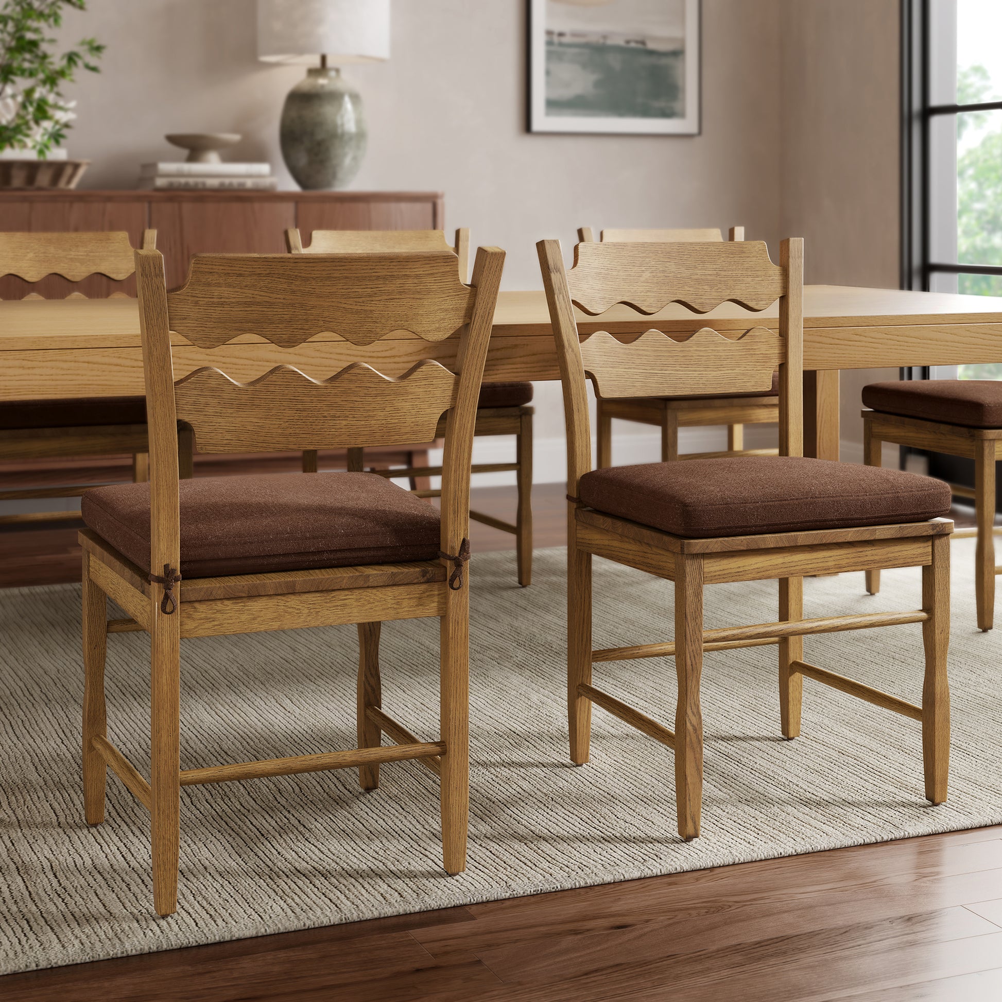 Jax Oak Wood Dining Chair With Wavy Razor Back and Cushion Set of 2 by Modway