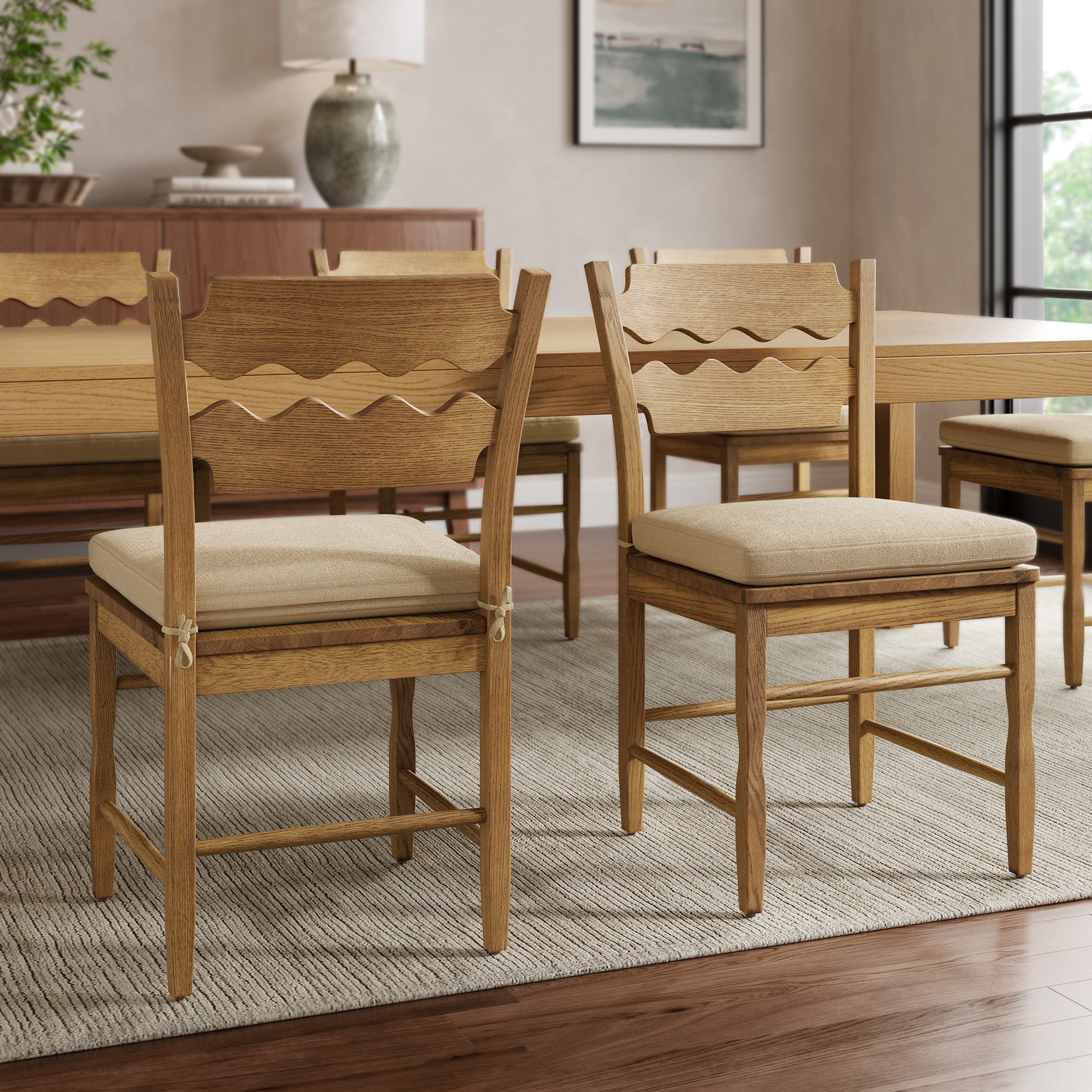 Jax Oak Wood Dining Chair With Wavy Razor Back and Cushion Set of 2 by Modway