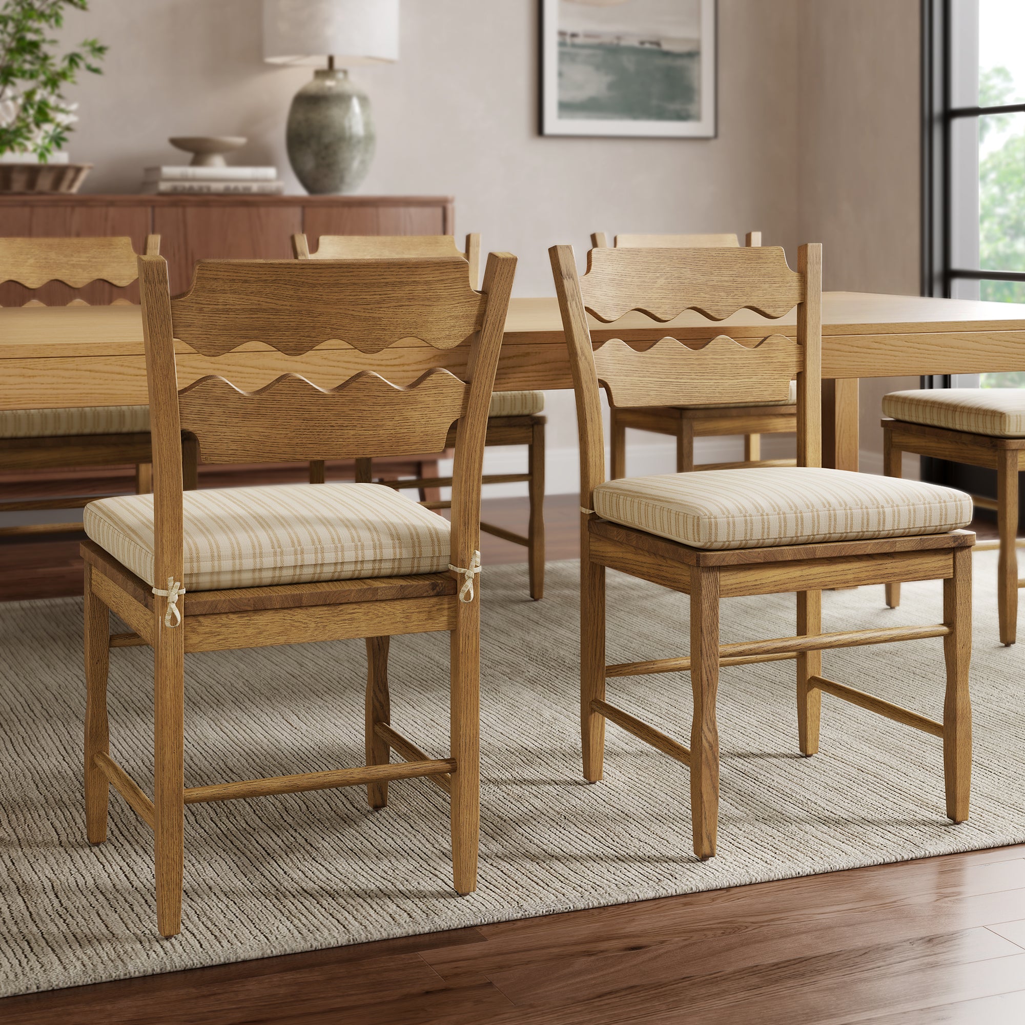 Jax Oak Wood Dining Chair With Wavy Razor Back and Cushion Set of 2 by Modway