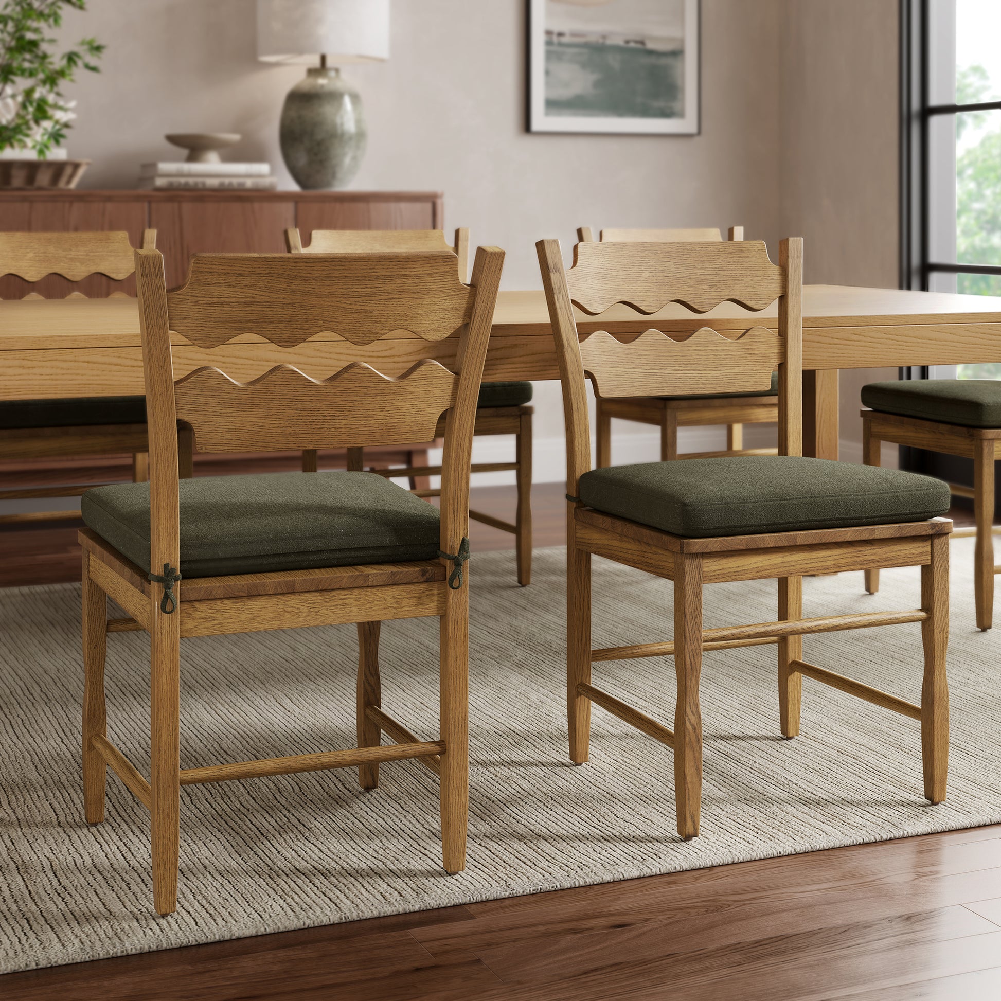 Jax Oak Wood Dining Chair With Wavy Razor Back and Cushion Set of 2 by Modway