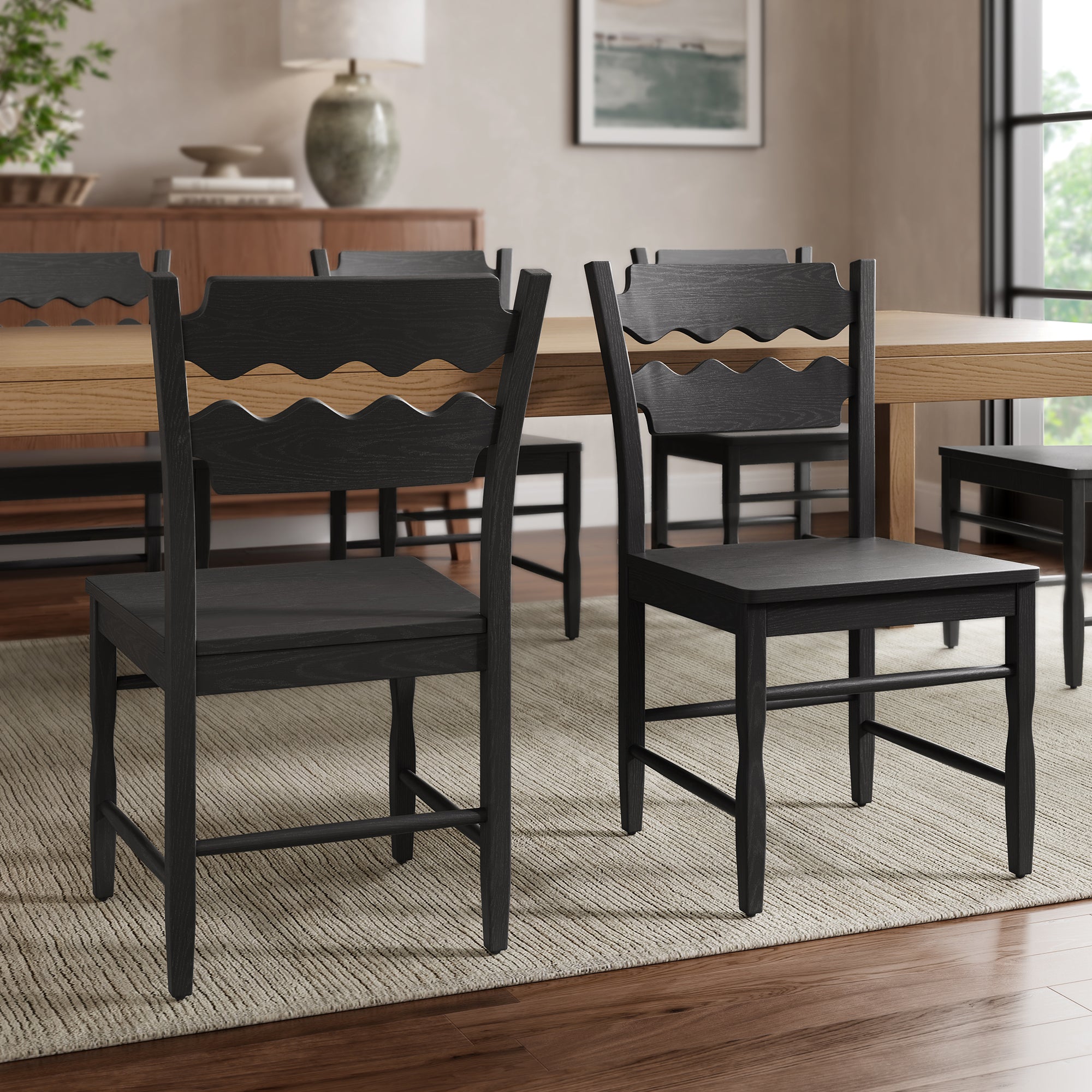 Jax Oak Wood Dining Chair With Wavy Razor Back Set of 2 by Modway