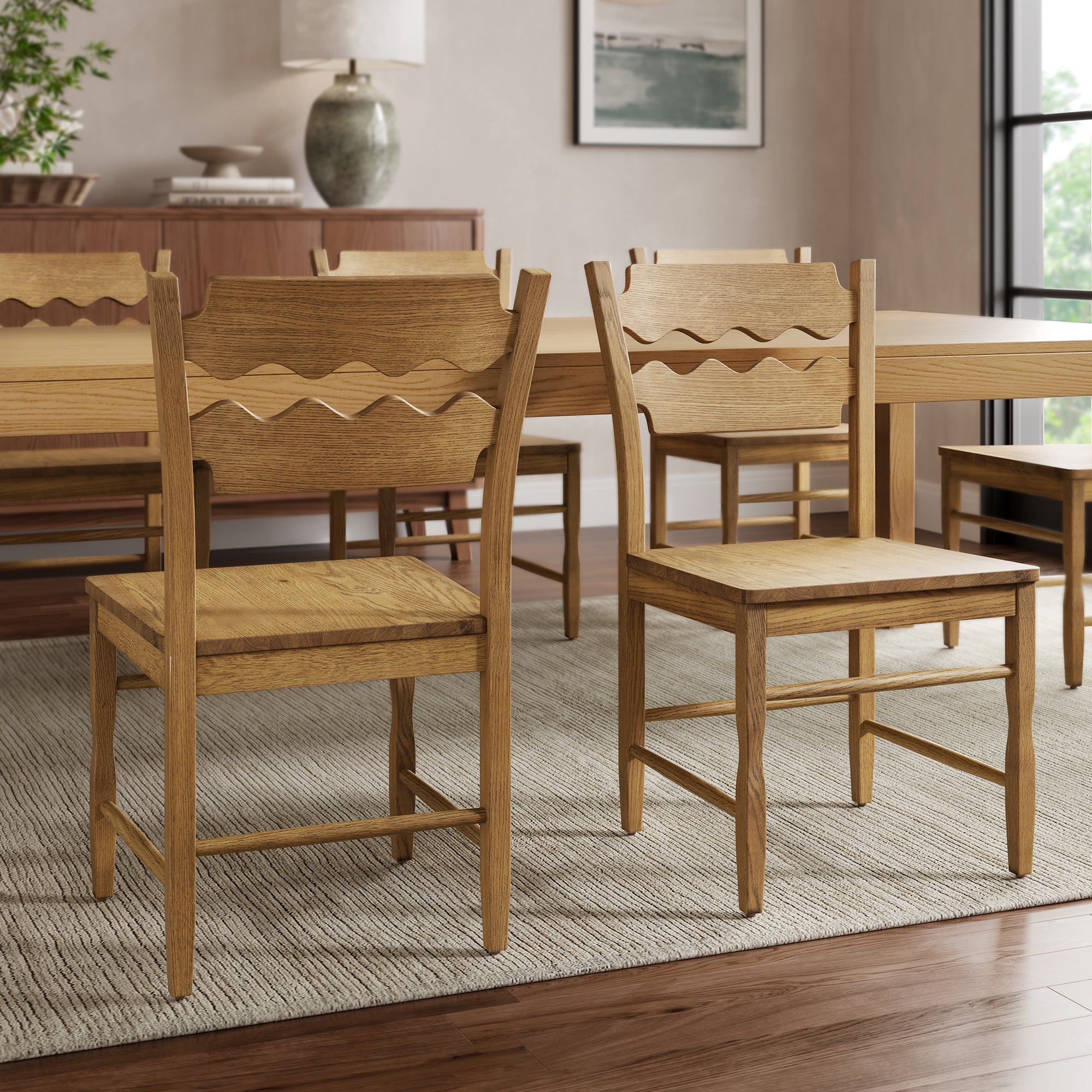 Jax Oak Wood Dining Chair With Wavy Razor Back Set of 2 by Modway