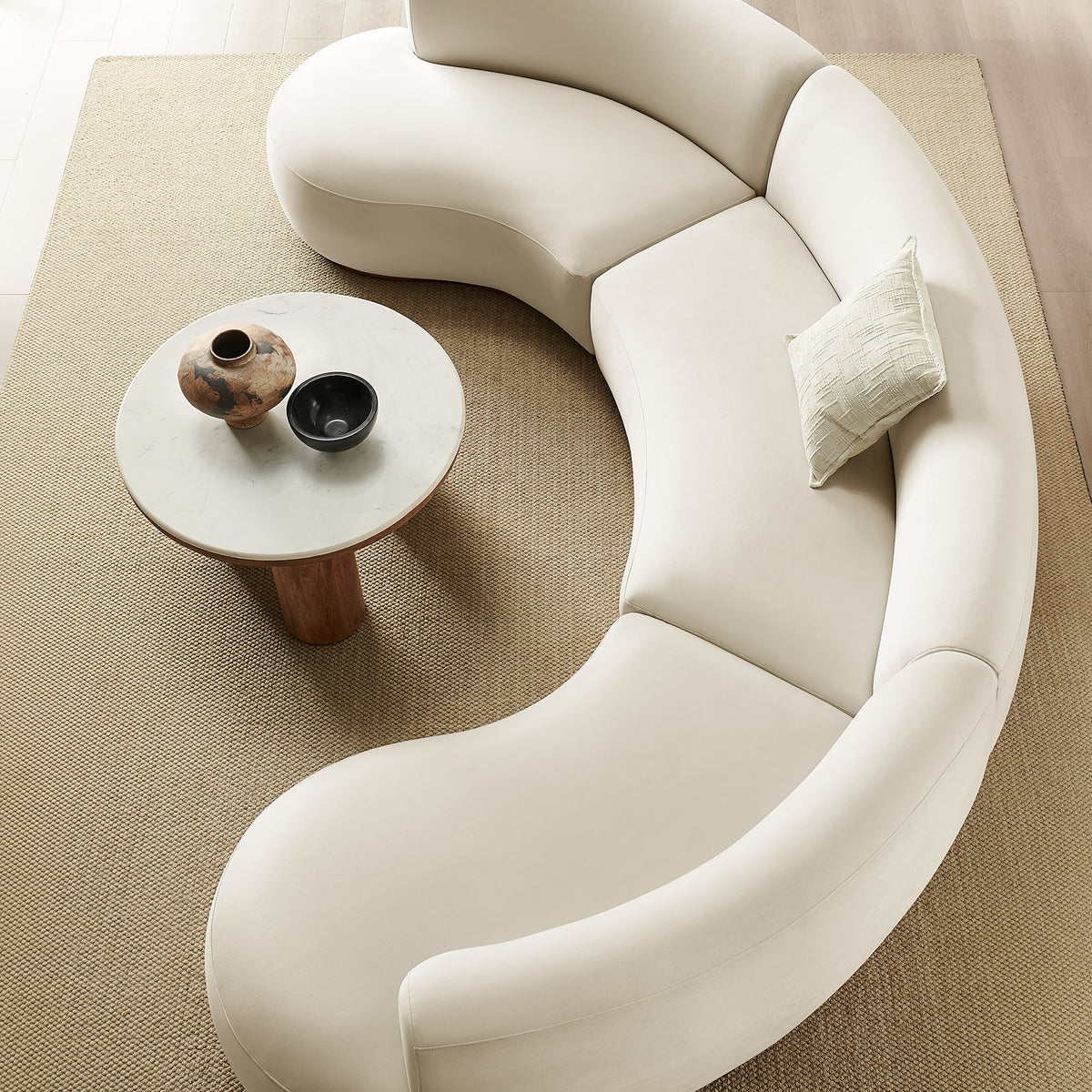 Rialta 3 Piece Curved Performance Velvet Sectional Sofa - Alabaster