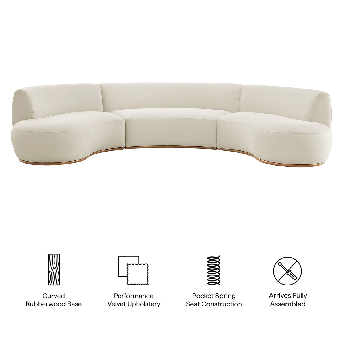Rialta 3 Piece Curved Performance Velvet Sectional Sofa - Alabaster