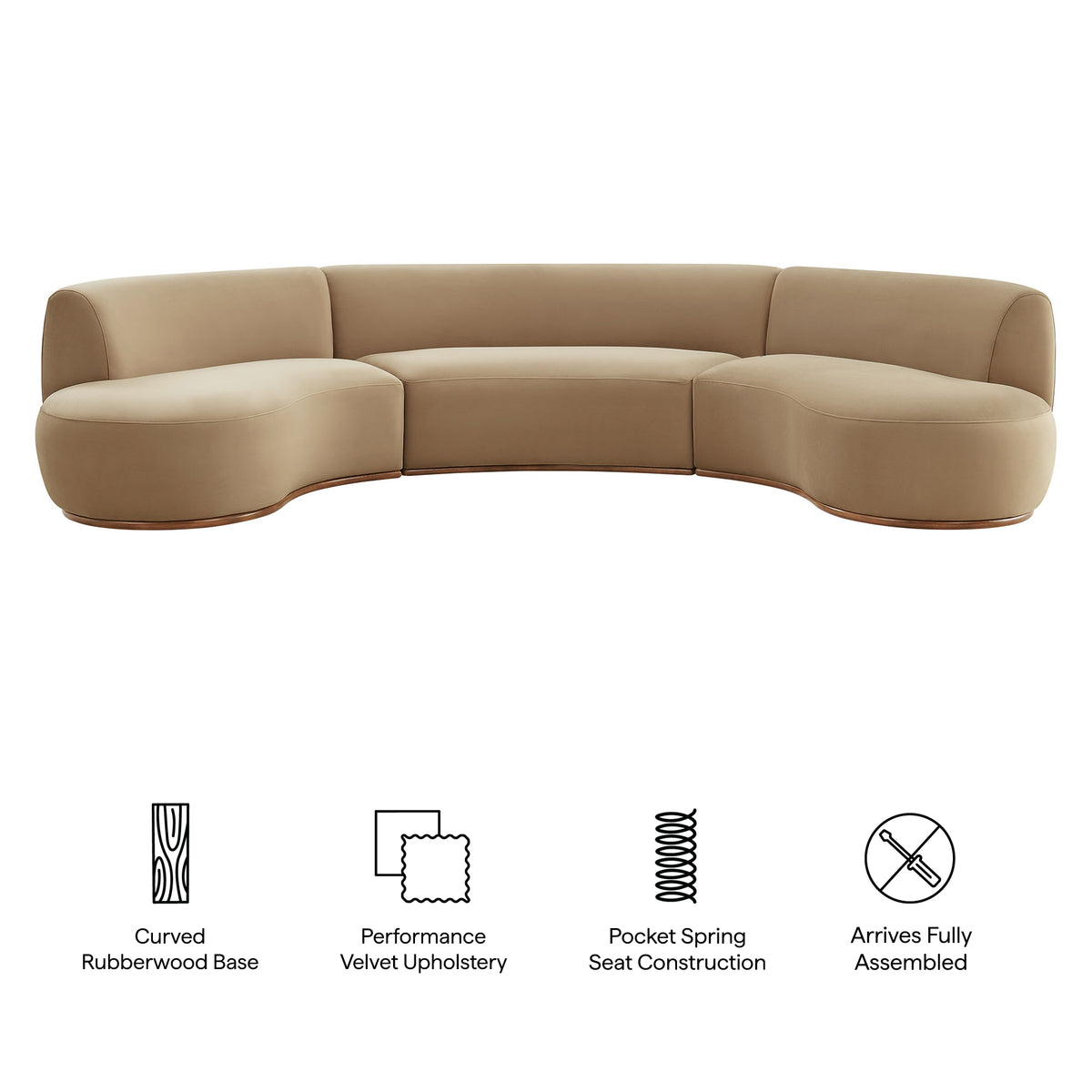 Rialta 3 Piece Curved Performance Velvet Sectional Sofa - Taupe