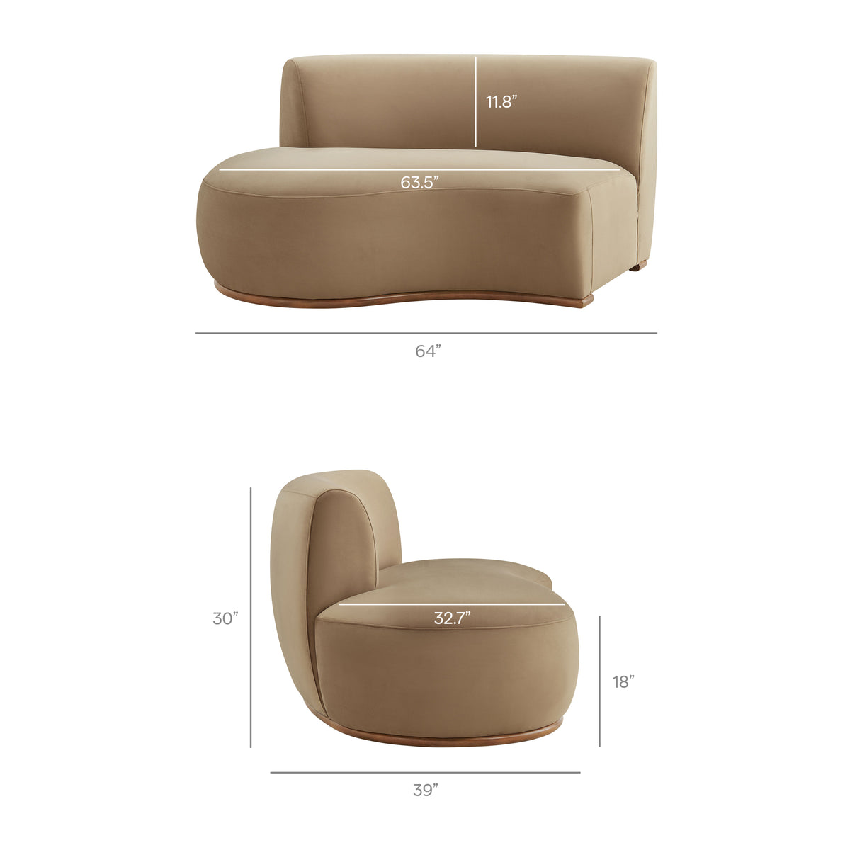 Rialta 3 Piece Curved Performance Velvet Sectional Sofa - Taupe