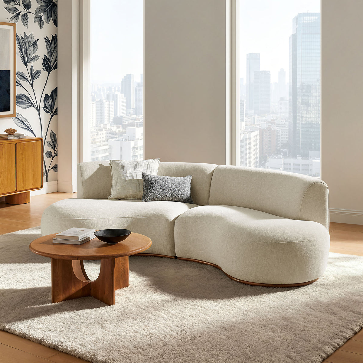 Rialta 2 Piece Curved Slub Weave Fabric Sectional Sofa - Ecru