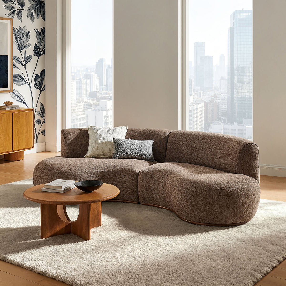 Rialta 2 Piece Curved Slub Weave Fabric Sectional Sofa - Mocha