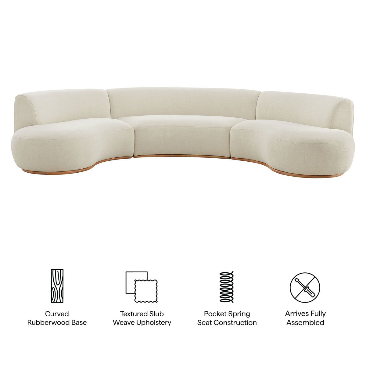 Rialta 3 Piece Curved Slub Weave Fabric Sectional Sofa - Ecru