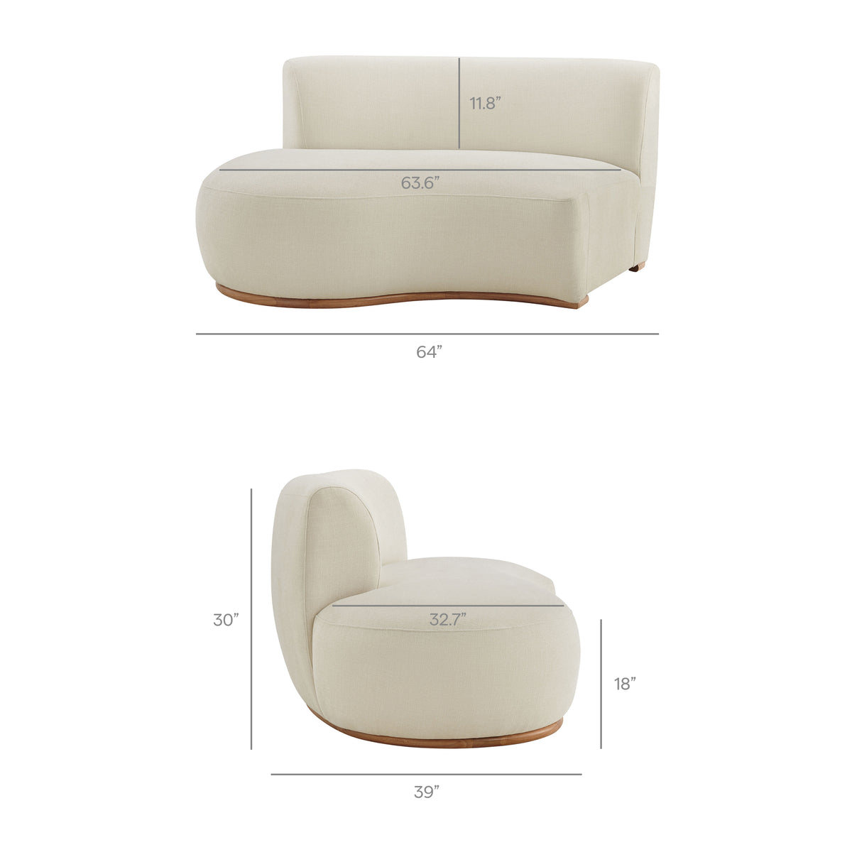 Rialta 3 Piece Curved Slub Weave Fabric Sectional Sofa - Ecru