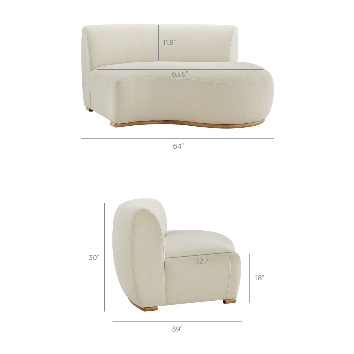 Rialta 3 Piece Curved Slub Weave Fabric Sectional Sofa - Ecru