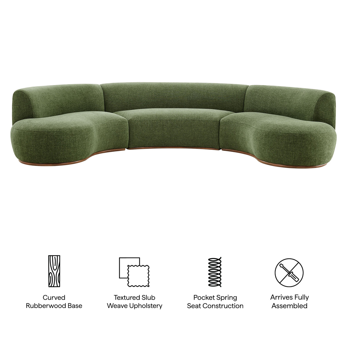 Rialta 3 Piece Curved Slub Weave Fabric Sectional Sofa - Foliage