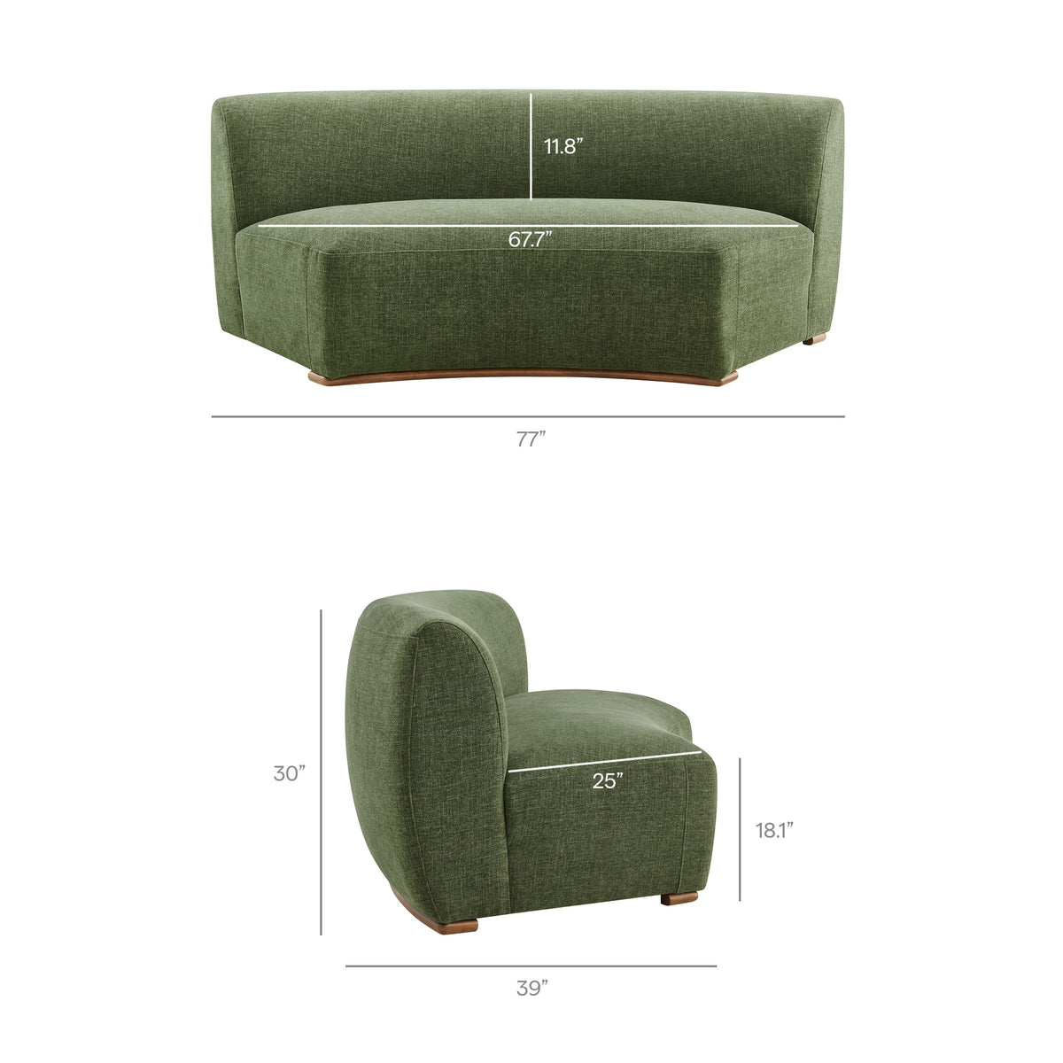 Rialta 3 Piece Curved Slub Weave Fabric Sectional Sofa - Foliage