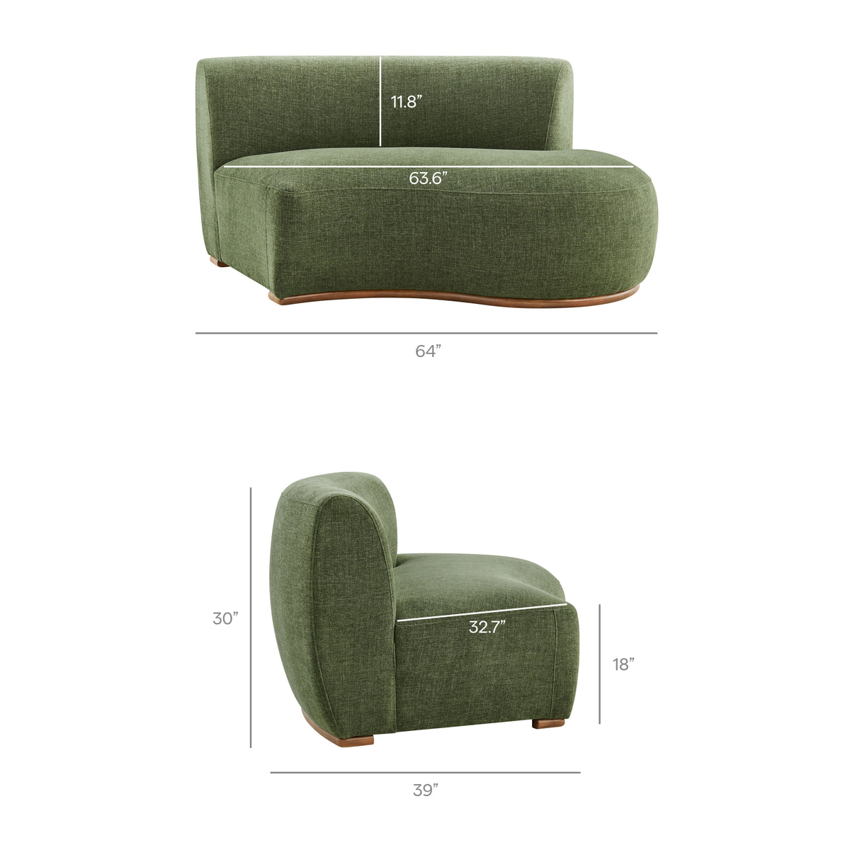 Rialta 3 Piece Curved Slub Weave Fabric Sectional Sofa - Foliage