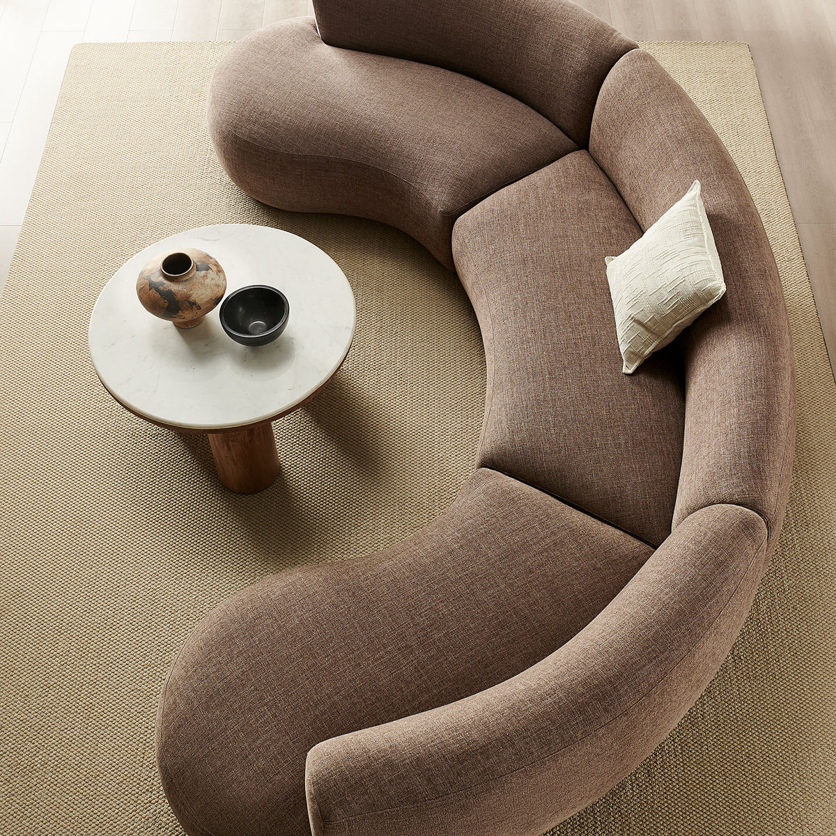 Rialta 3 Piece Curved Slub Weave Fabric Sectional Sofa - Mocha