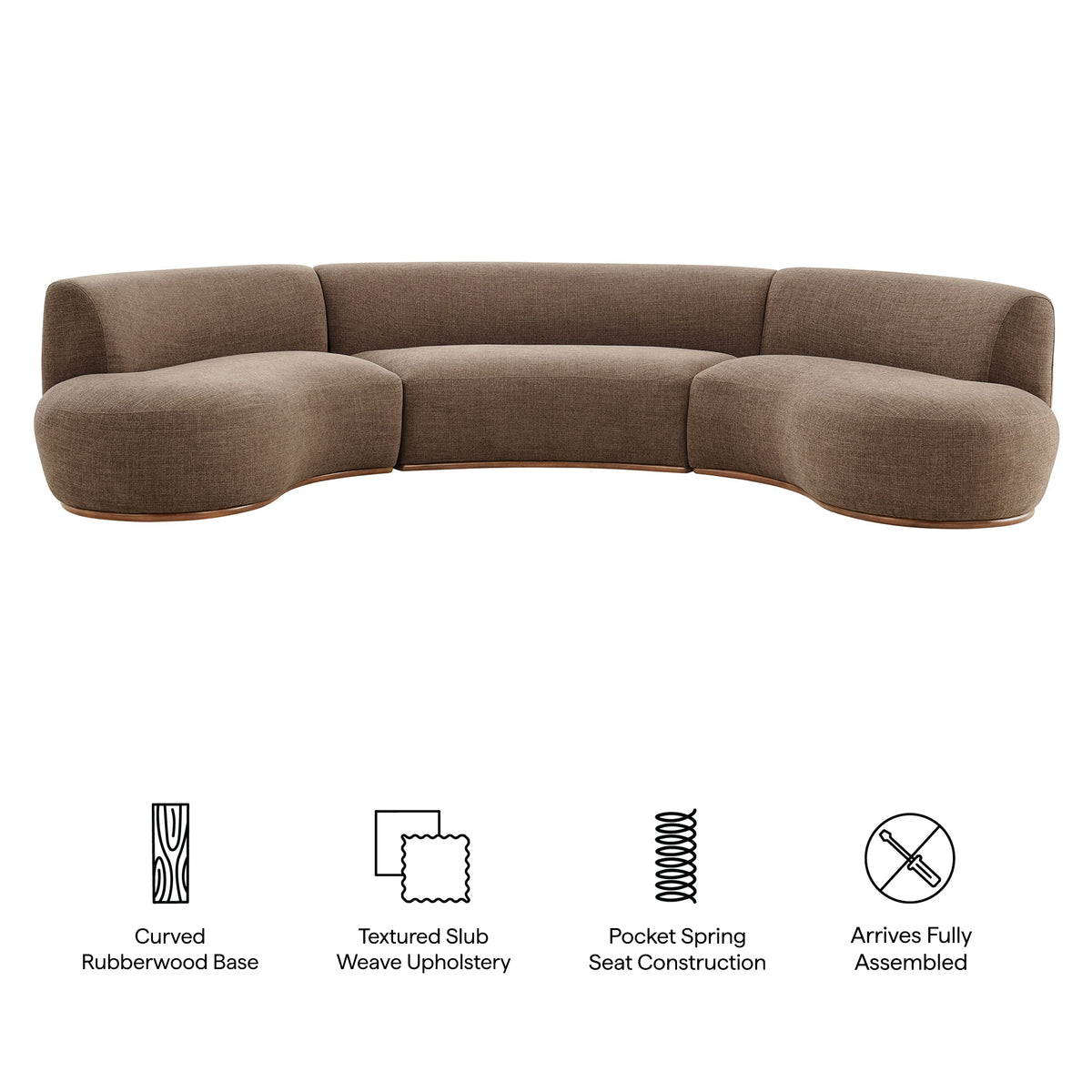 Rialta 3 Piece Curved Slub Weave Fabric Sectional Sofa - Mocha