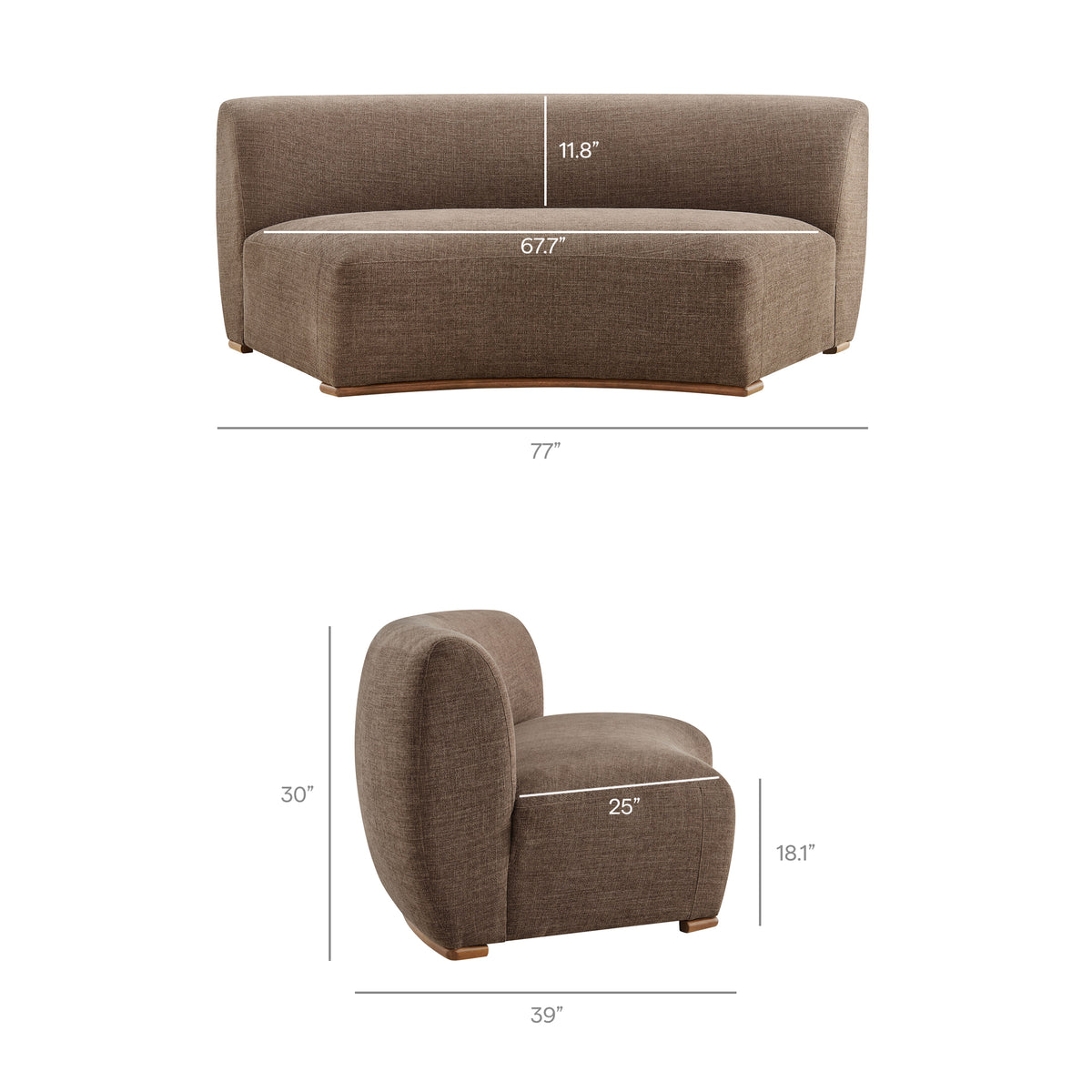 Rialta 3 Piece Curved Slub Weave Fabric Sectional Sofa - Mocha