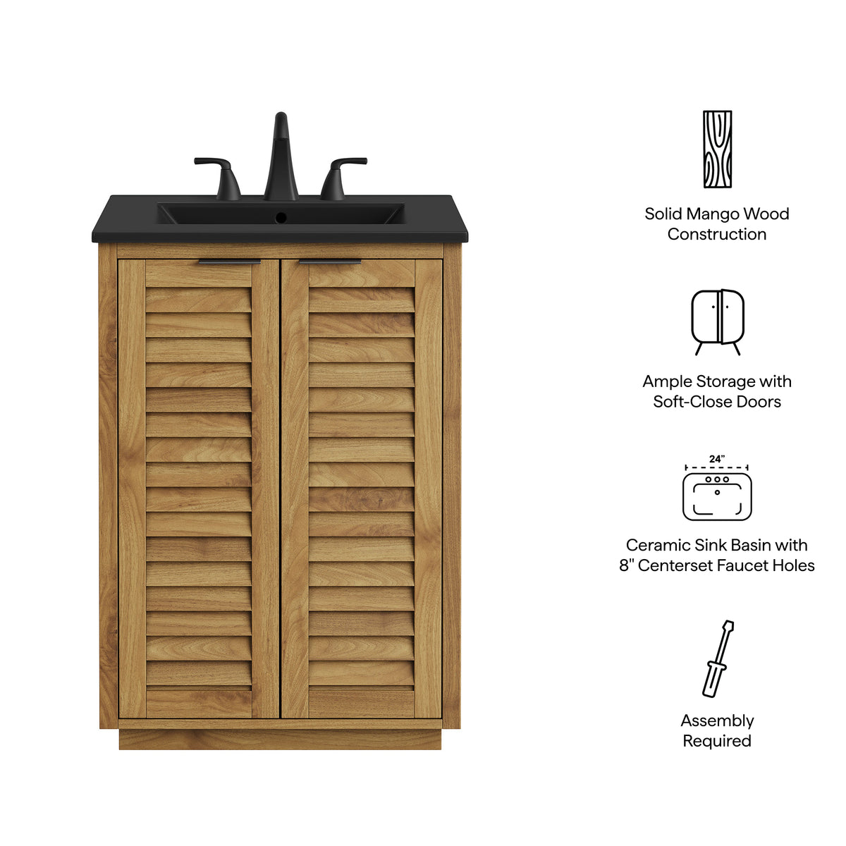 Tavira 24 Inch Shutter-Style Bathroom Vanity - Natural Black