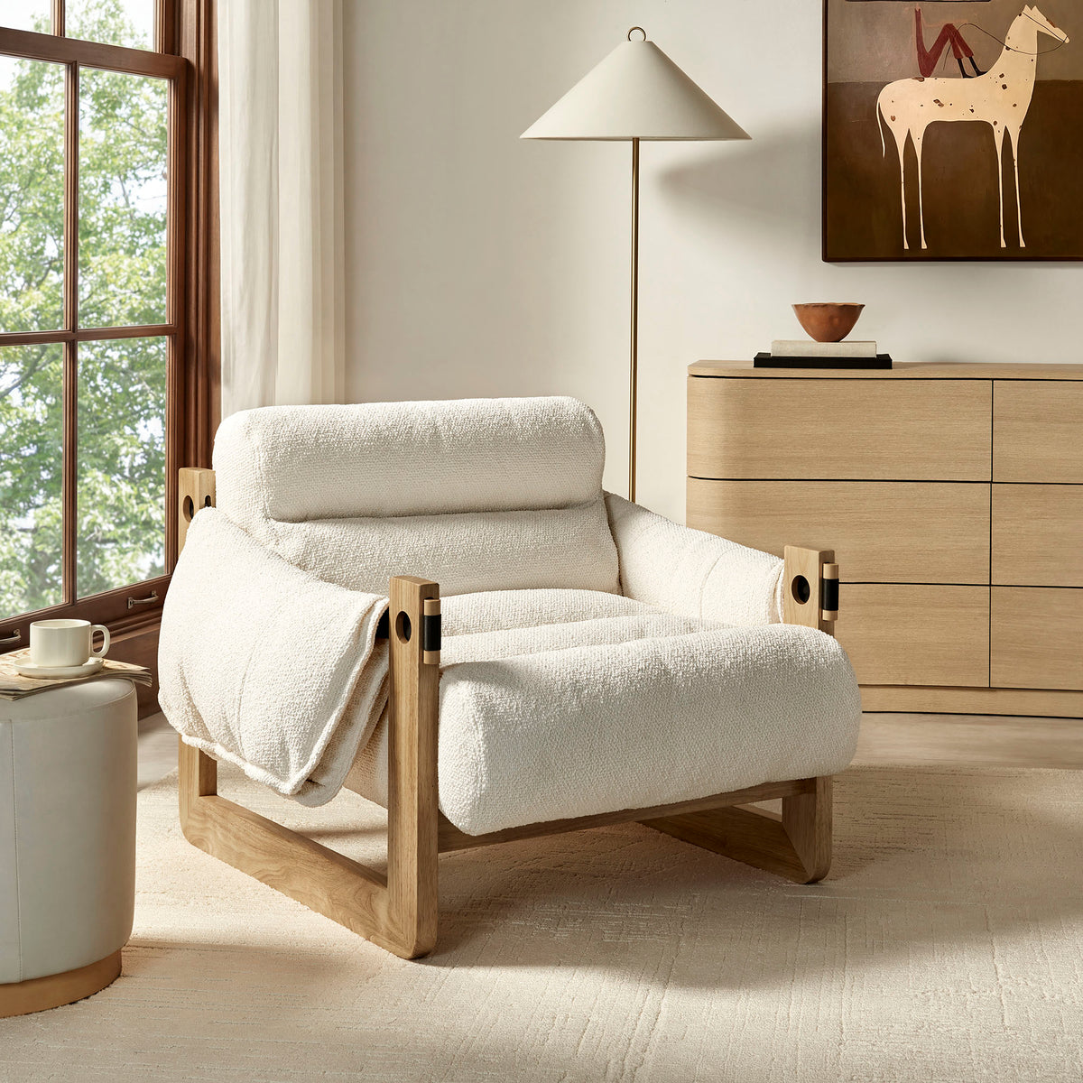 Sorelle Upholstered Fabric Sling Lounge Chair - Oak Cream