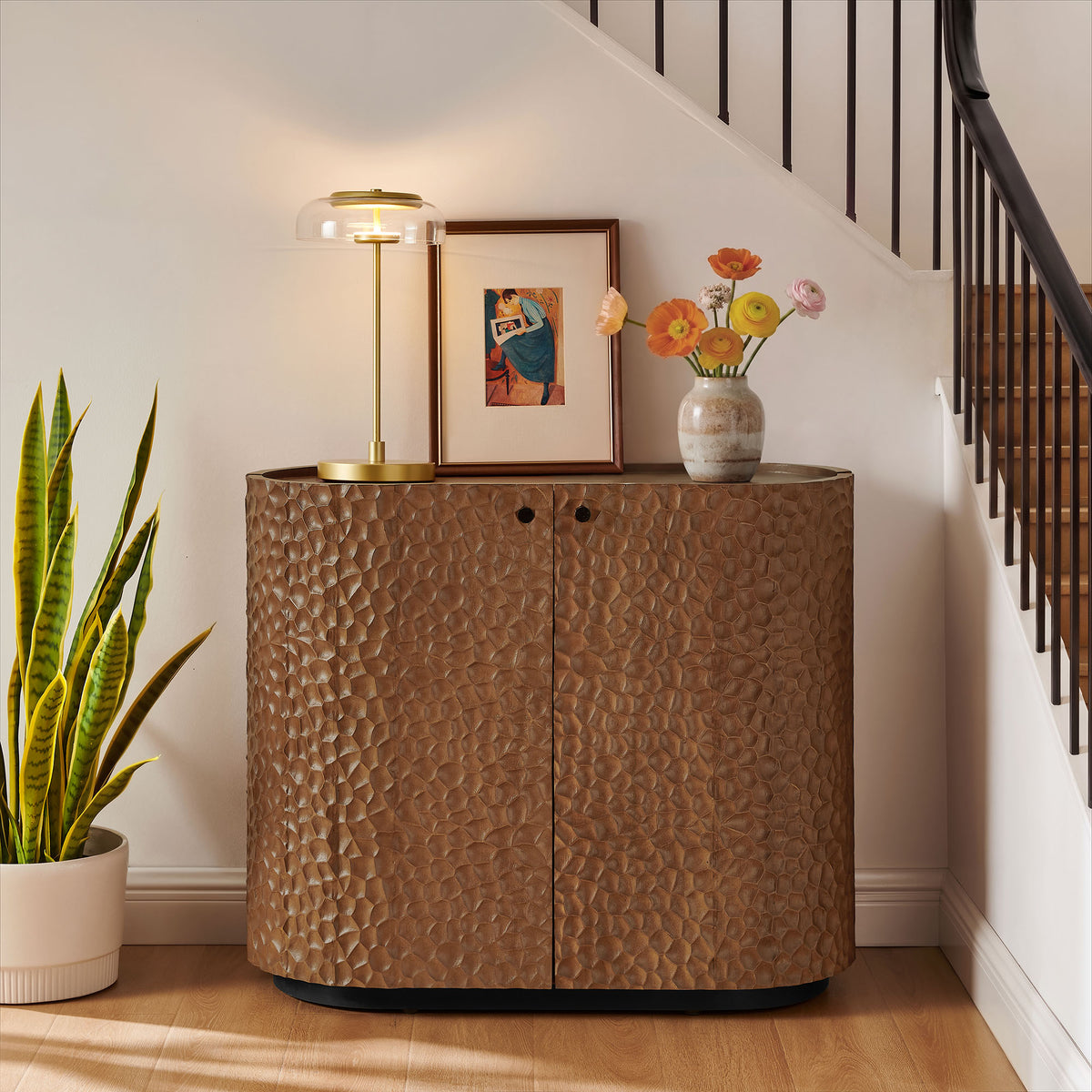 Aven 36 Inch Chiseled Curved Wood 2 Door Accent Cabinet - Walnut