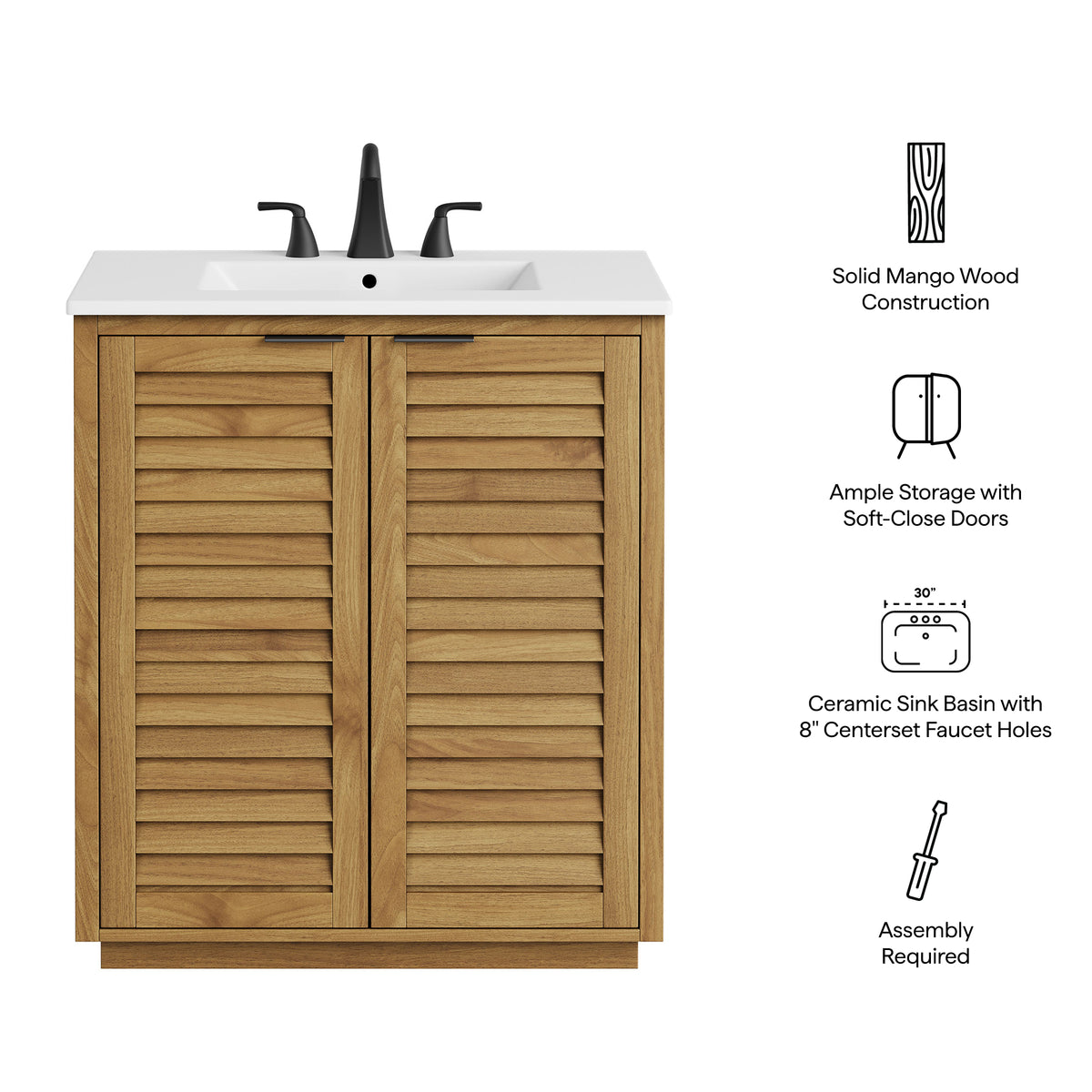 Tavira 30 Inch Shutter-Style Bathroom Vanity - Natural White