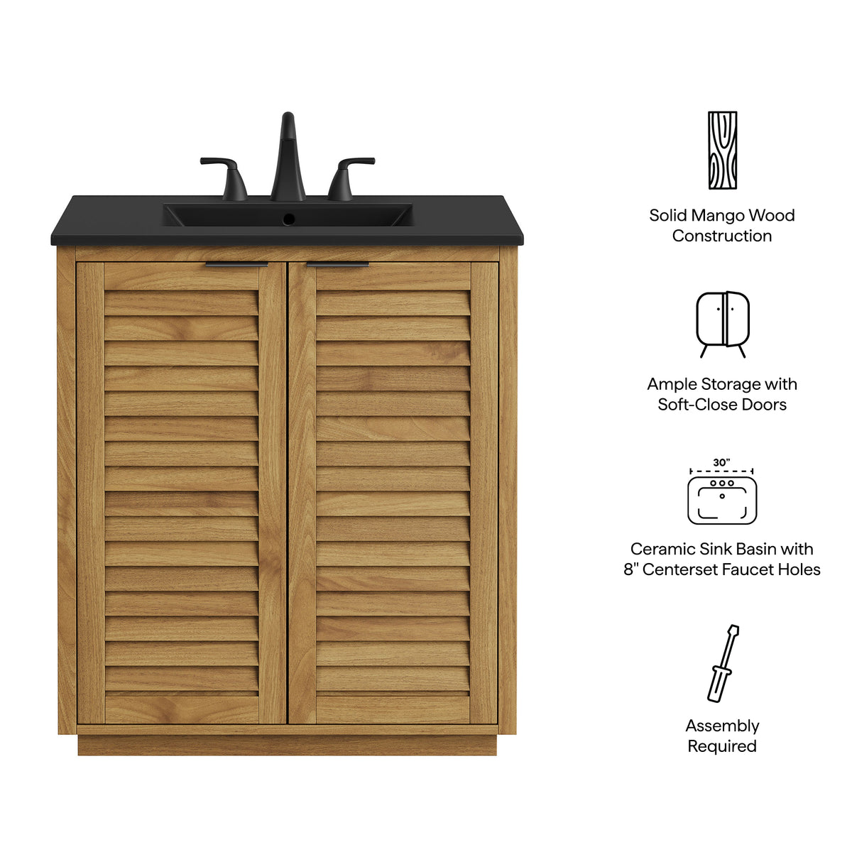 Tavira 30 Inch Shutter-Style Bathroom Vanity - Natural Black