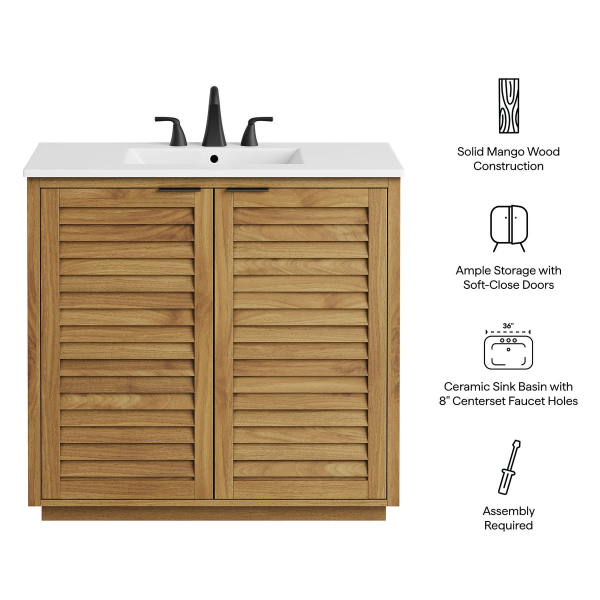 Tavira 36 Inch Shutter-Style Bathroom Vanity - Natural White
