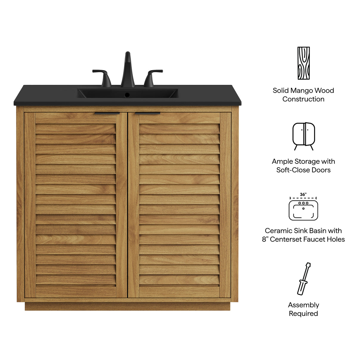 Tavira 36 Inch Shutter-Style Bathroom Vanity - Natural Black