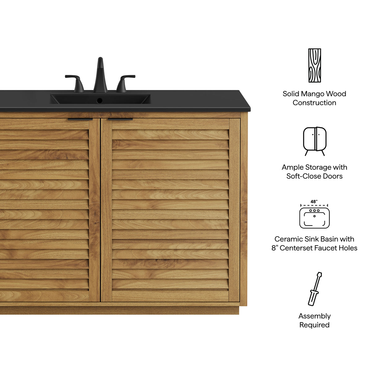 Tavira 48 Inch Shutter-Style Bathroom Vanity - Natural Black