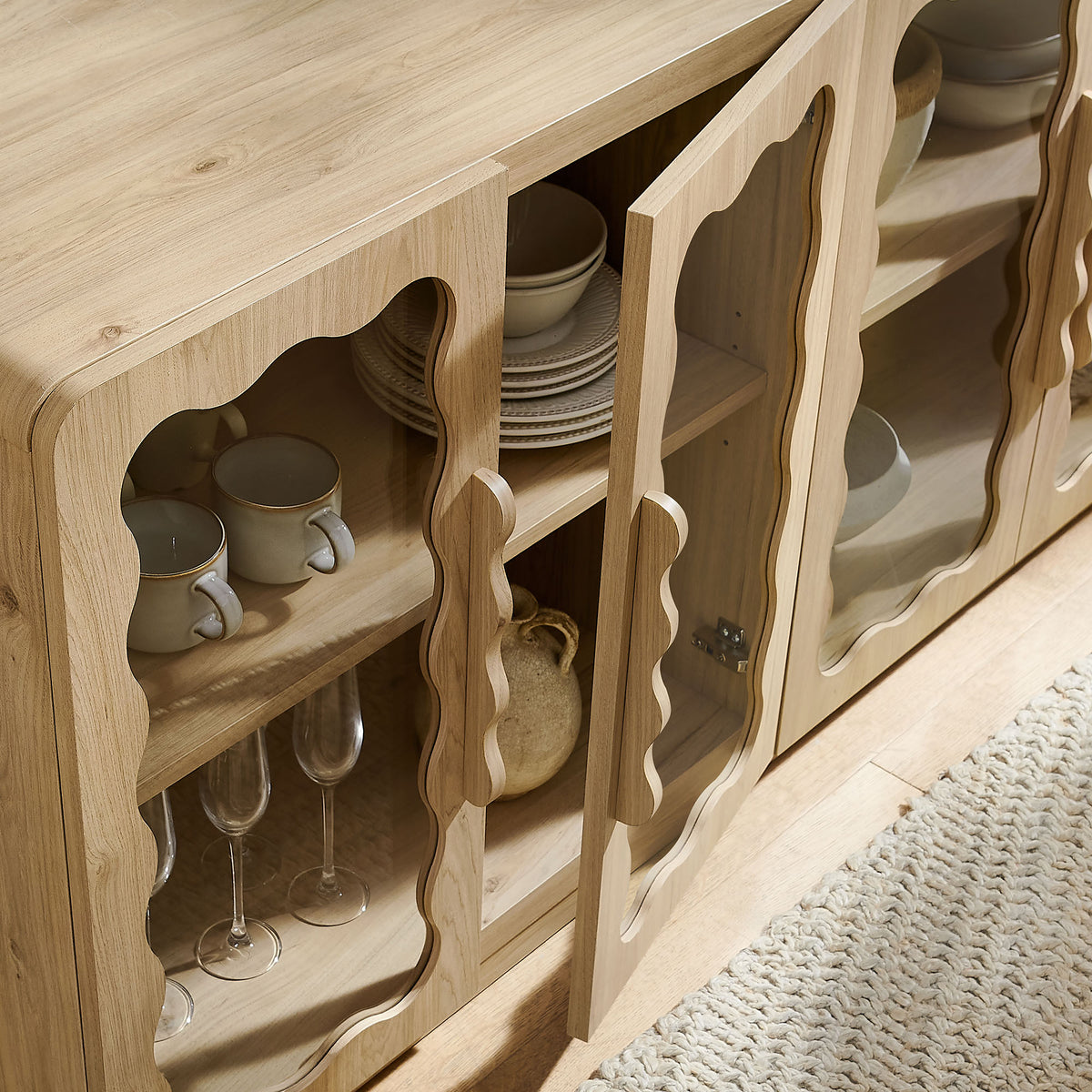 Rory 62 Inch Four-Door Scalloped Glass Sideboard - Light Oak
