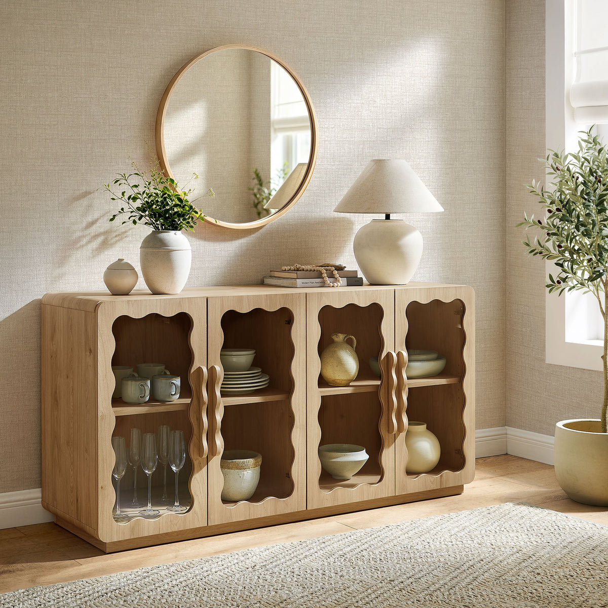 Rory 62 Inch Four-Door Scalloped Glass Sideboard - Light Oak