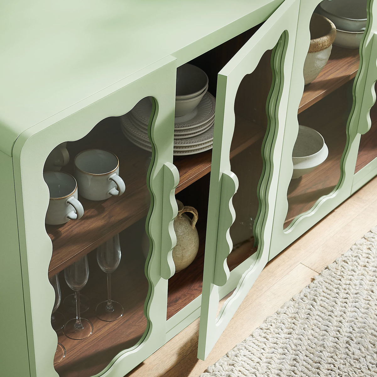 Rory 62 Inch Four-Door Scalloped Glass Sideboard - Sage Walnut