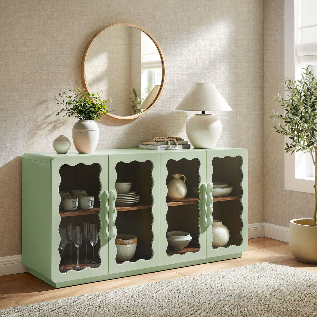Rory 62 Inch Four-Door Scalloped Glass Sideboard - Sage Walnut