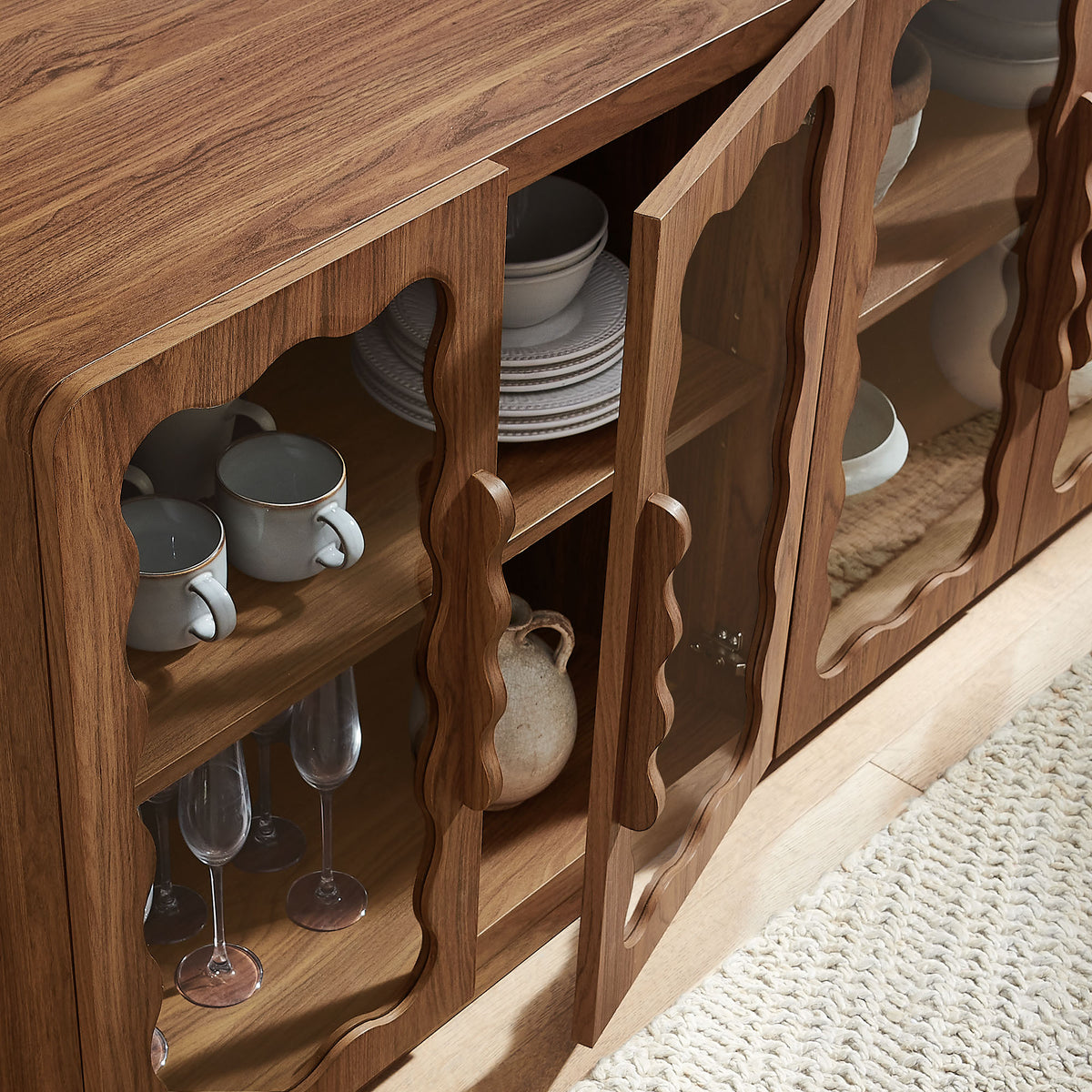 Rory 62 Inch Four-Door Scalloped Glass Sideboard - Walnut