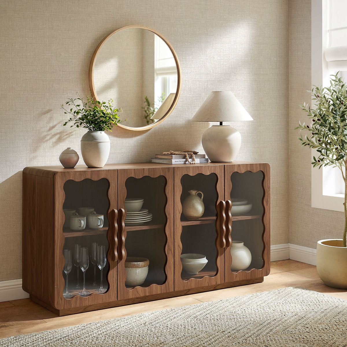 Rory 62 Inch Four-Door Scalloped Glass Sideboard - Walnut