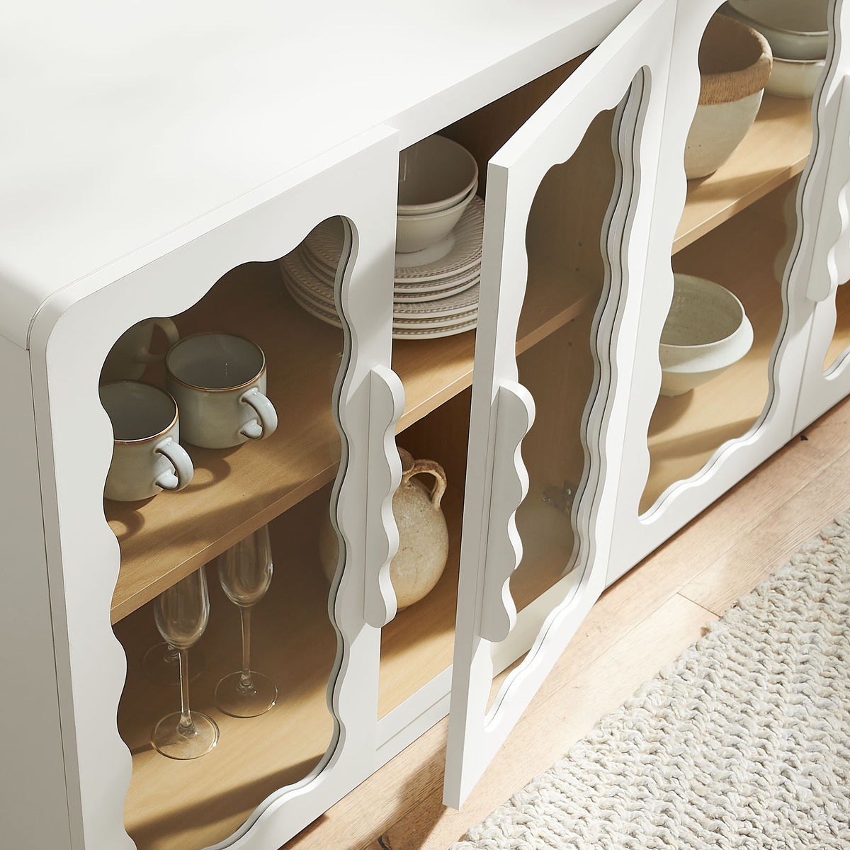 Rory 62 Inch Four-Door Scalloped Glass Sideboard - White Oak