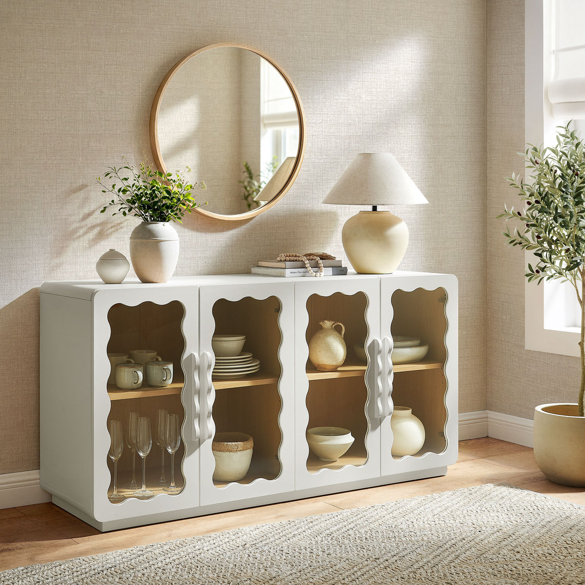 Rory 62 Inch Four-Door Scalloped Glass Sideboard - White Oak
