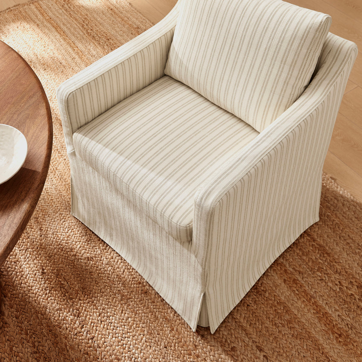 Serene Slipcovered Striped Fabric Dining Armchair - Oatmeal Stripe