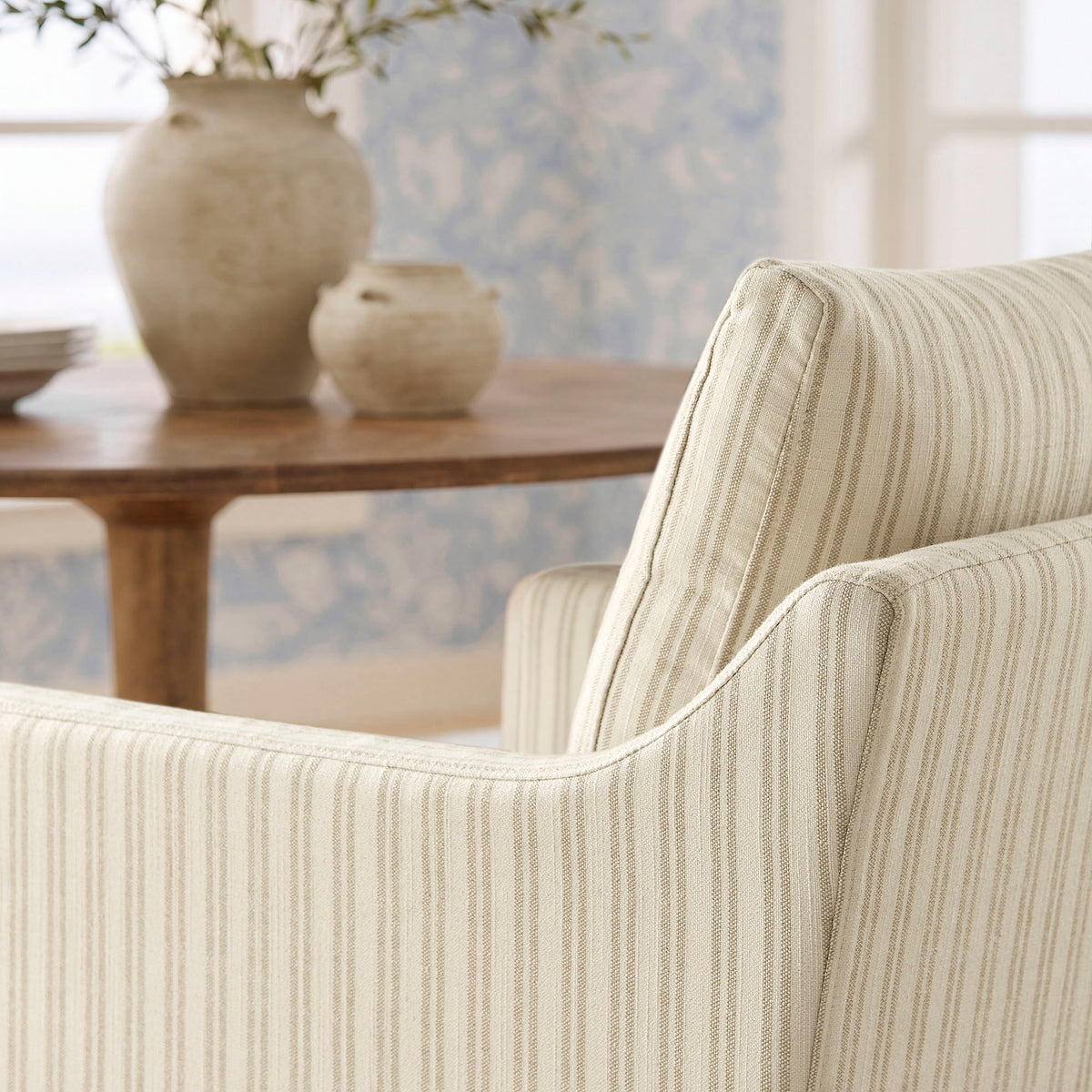 Serene Slipcovered Striped Fabric Dining Armchair - Oatmeal Stripe